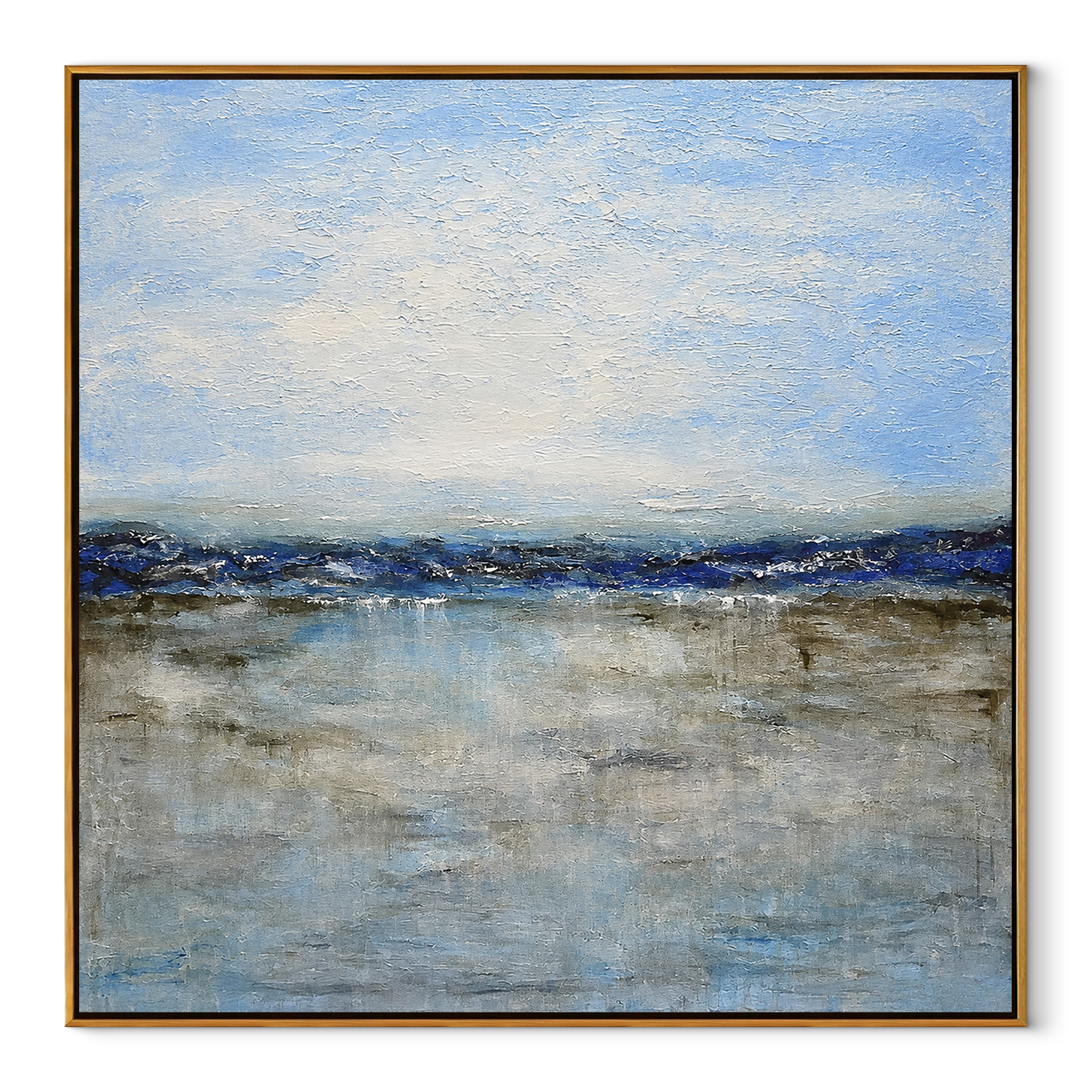Silent Water Line horizon painting in a wood floating frame on white background