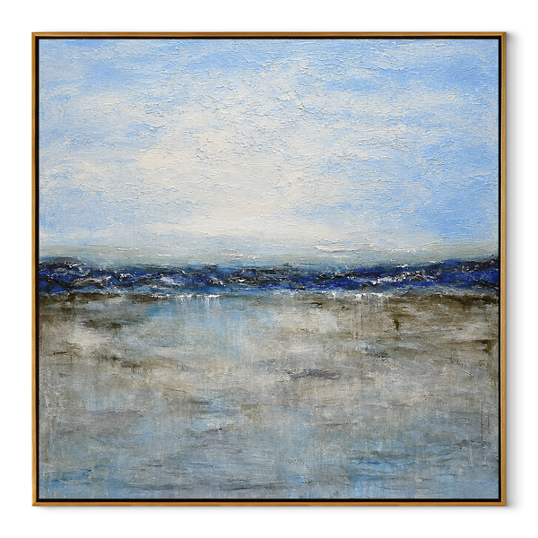 Silent Water Line – Minimalist Blue Horizon Painting | Serene Square Bedroom Wall Art