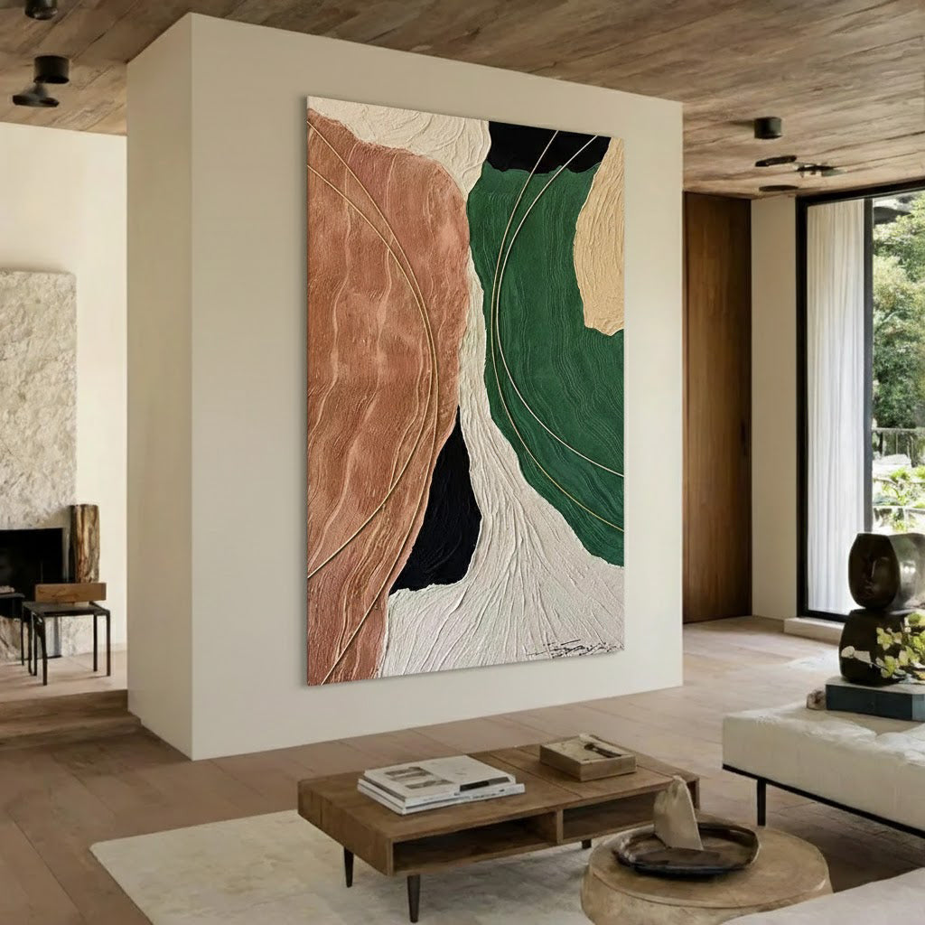 Terra Rhythm – Mid-Century Modern Green and Terracotta Painting | Abstract Textured Living Room Art