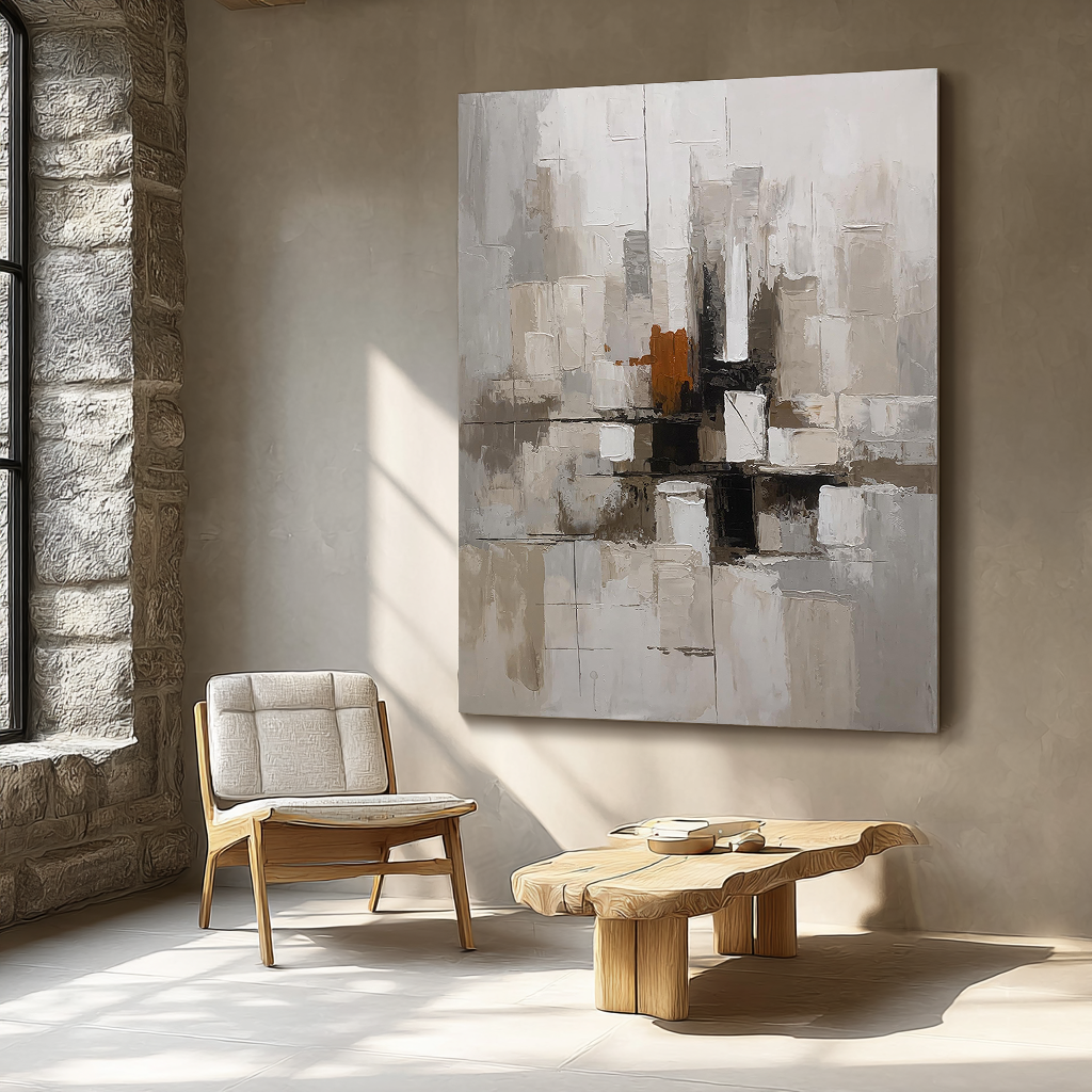 Urban Cross – Hand-Painted Industrial Grey Geometric Palette Knife Abstract Painting | Modern Abstract Living Room & Office Art