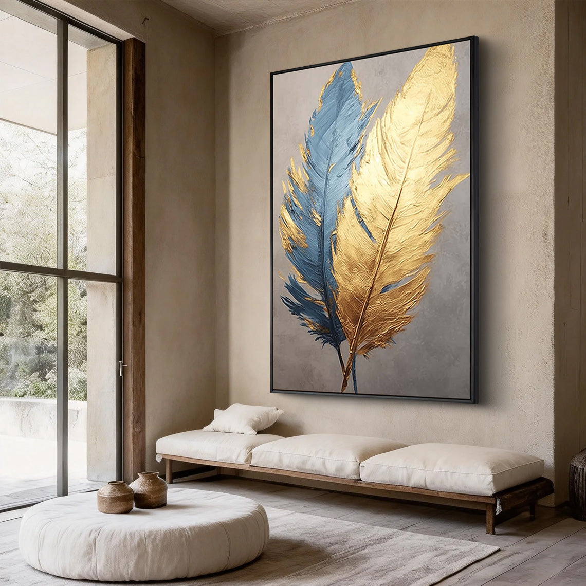Golden Plume – Hand-Painted Navy Blue and Gold Foil Feather Abstract Painting | Modern Abstract Living Room & Office Art