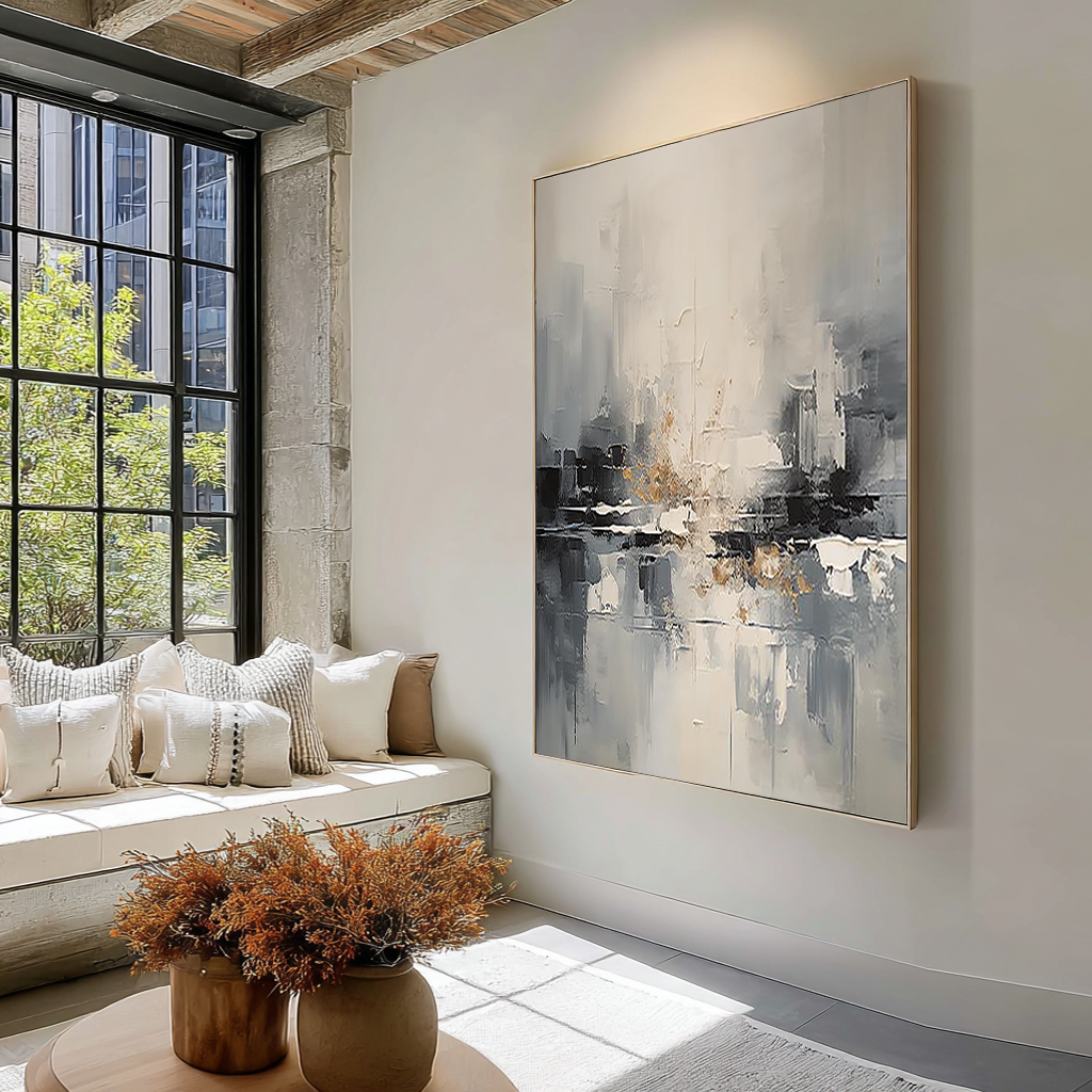 Urban Reflection – Hand-Painted Grey and Gold Foil Palette Knife Abstract Painting | Modern Abstract Living Room & Office Art