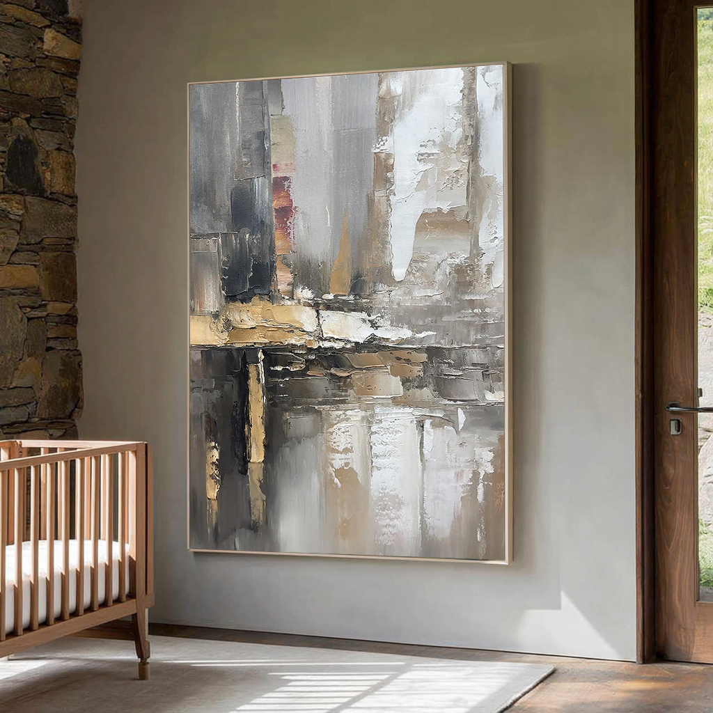Earthen Core – Hand-Painted Grey and Gold Soil Tone Palette Knife Abstract Painting | Japandi Wabi-Sabi Living Room & Bedroom Art