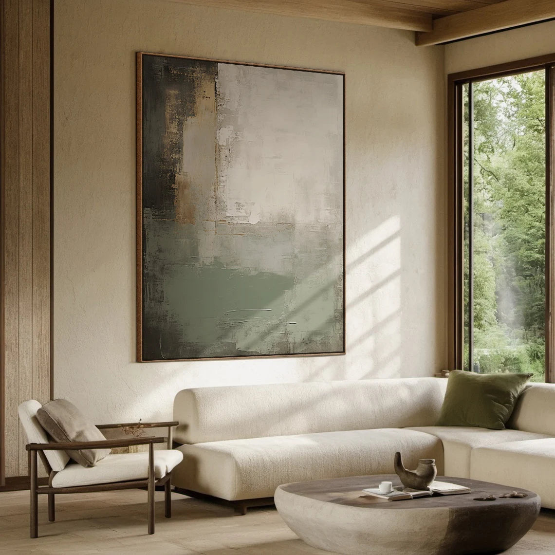 Olive Strata – Hand-Painted Military Green Distressed Plaster Effect Abstract Painting | Japandi Wabi-Sabi Living Room & Bedroom Art
