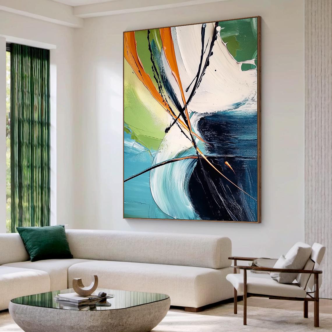 Urban Rhythm – Hand-Painted Modern Teal and Orange Large Brushstroke Abstract Painting | Modern Abstract Living Room & Office Art