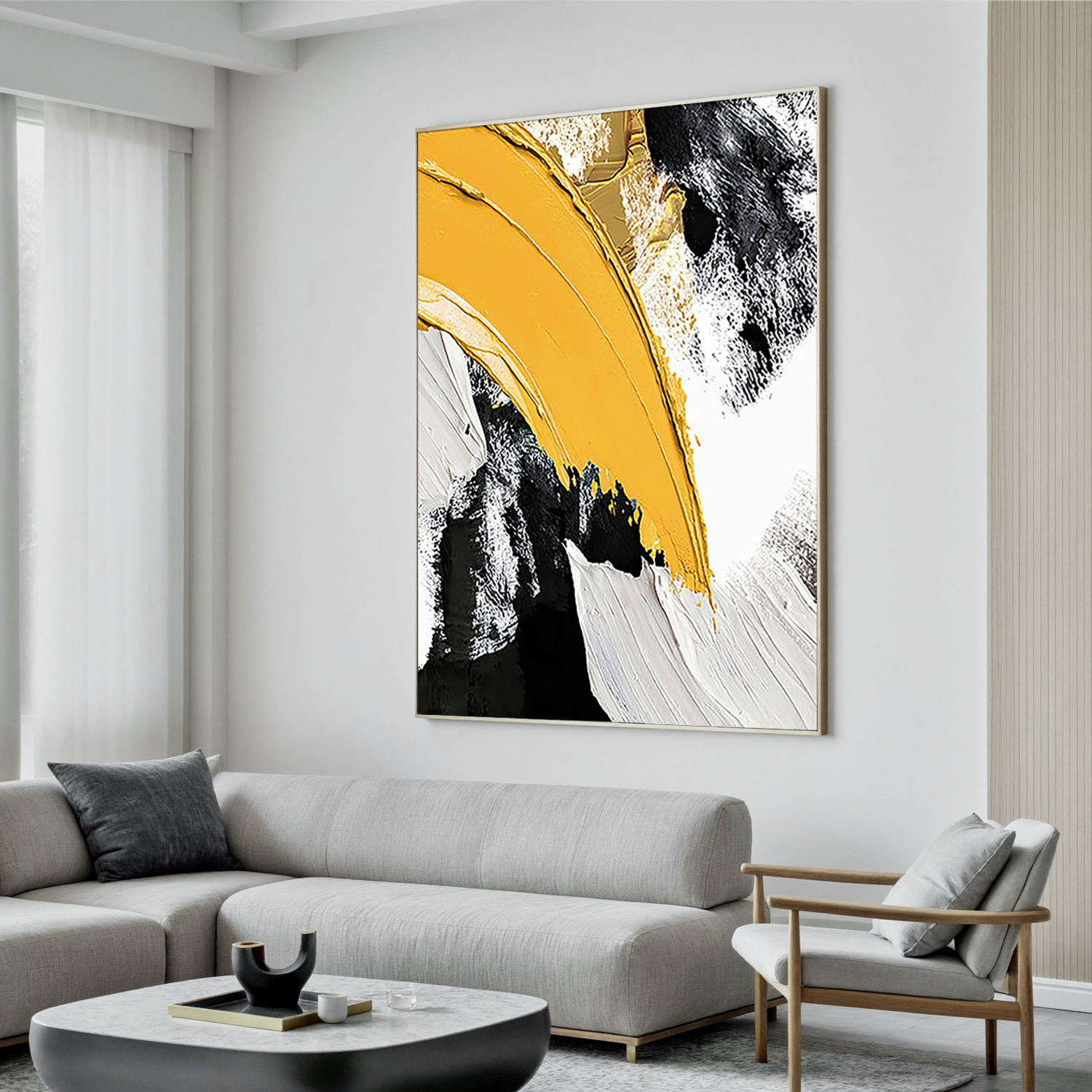 Amber Sweep – Bold Yellow & Black Palette Knife Minimalist Painting | Modern Minimalist Bedroom & Home Office Art