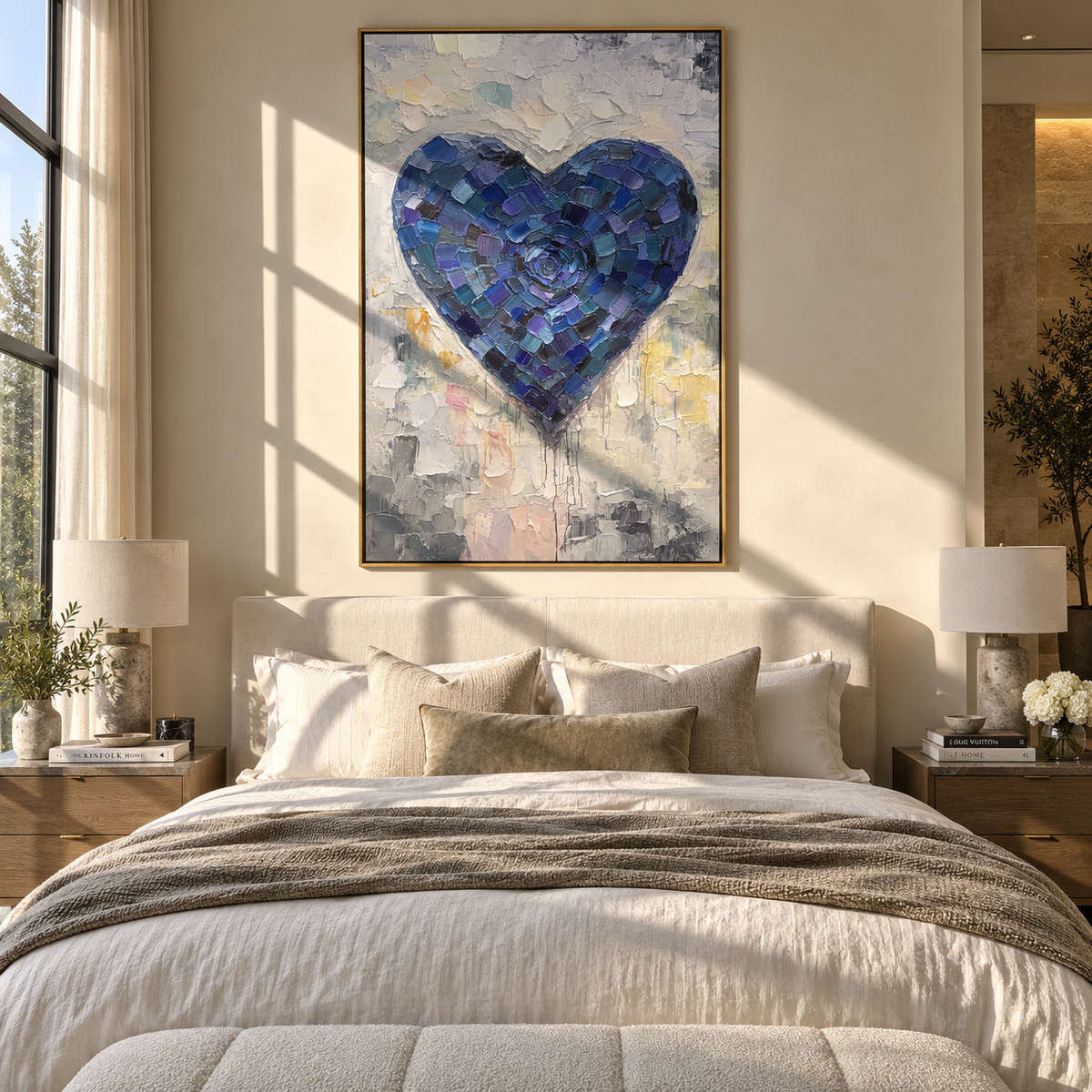 Indigo Heart Beneath Silver Rain – blue textured heart painting, displayed in a neutral bedroom