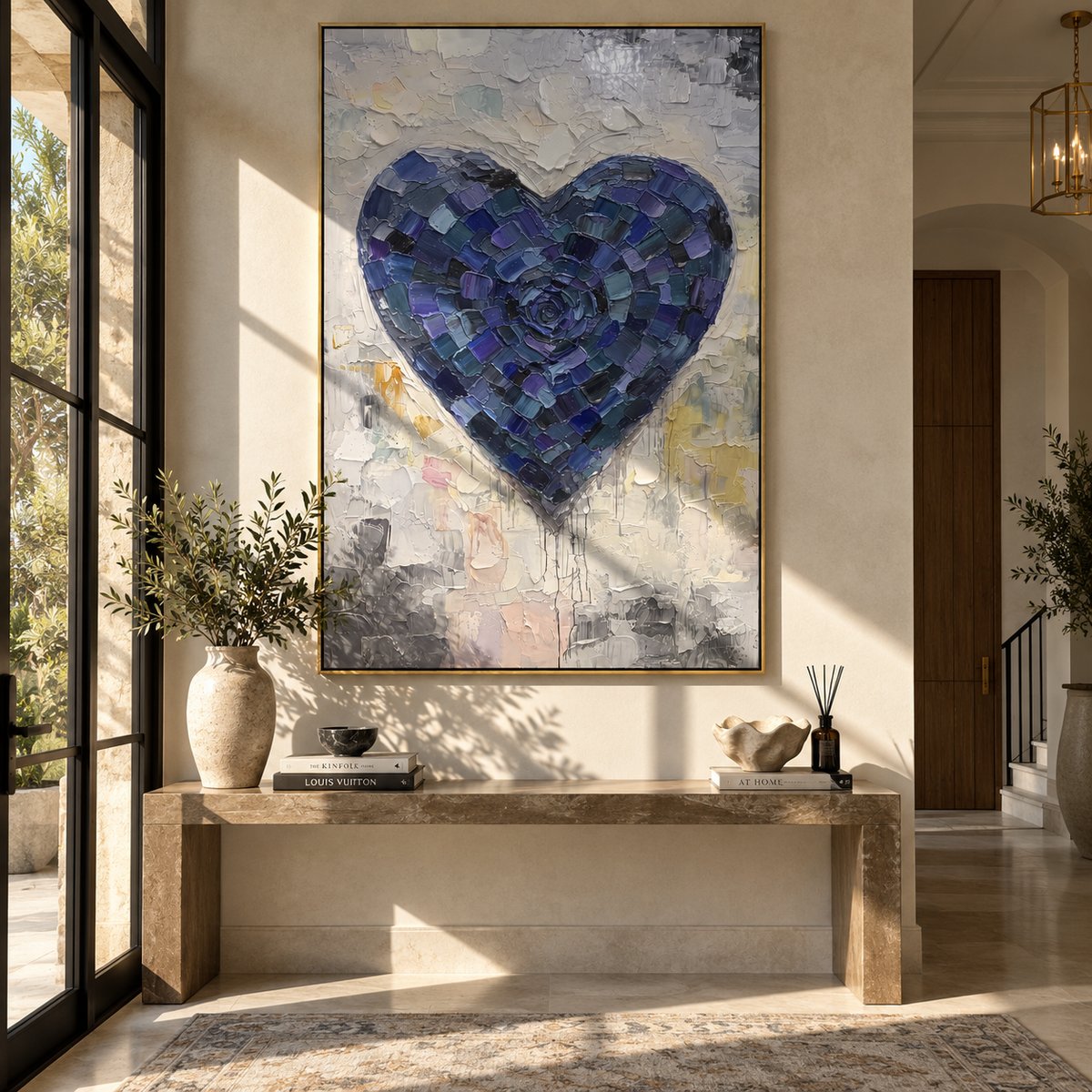 Indigo Heart Beneath Silver Rain – blue textured heart painting, displayed above a contemporary living room sofa