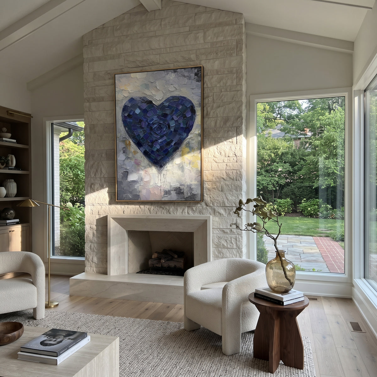 Indigo Heart Beneath Silver Rain – blue textured heart painting, displayed in a dark modern lounge
