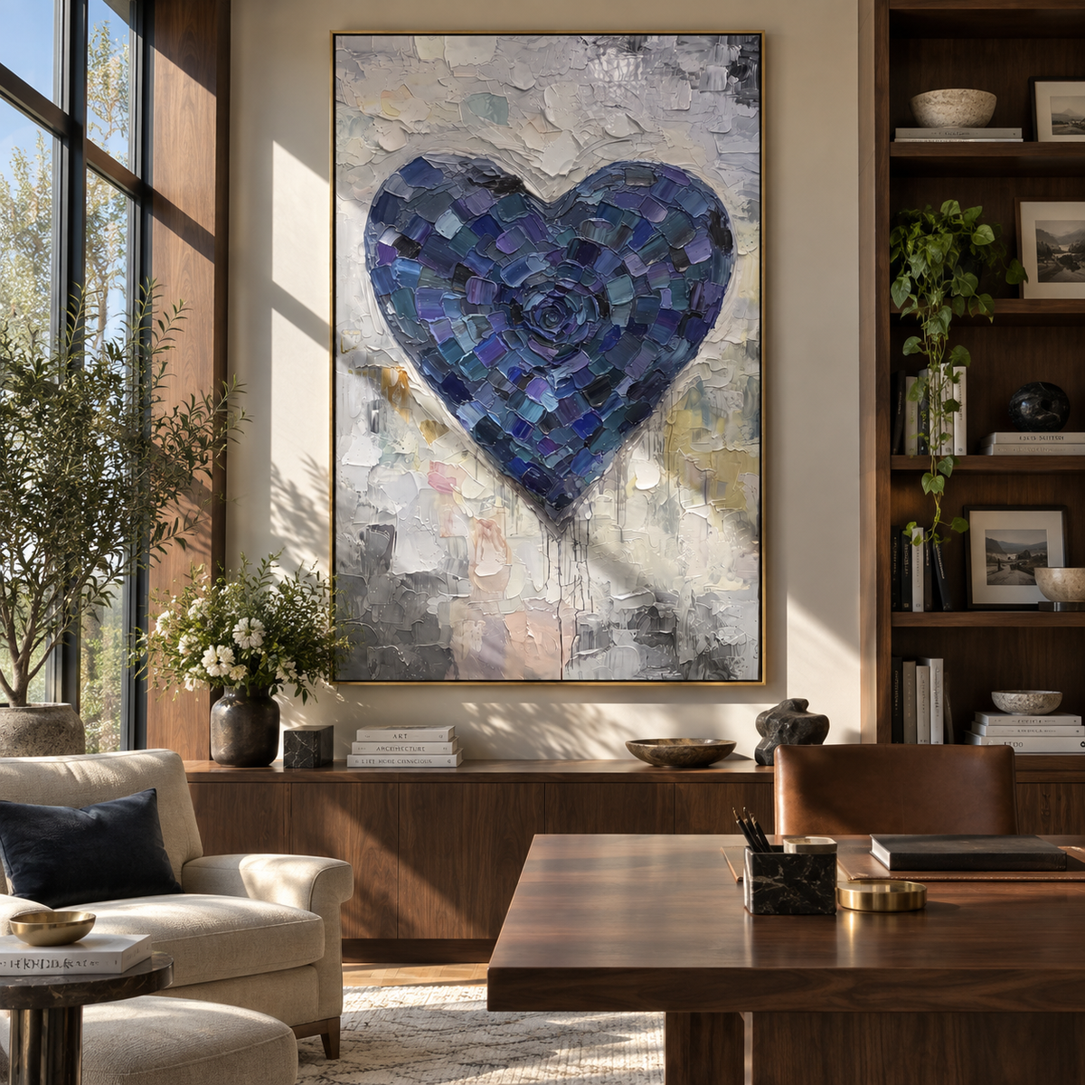 Indigo Heart Beneath Silver Rain – blue textured heart painting, displayed above a library console