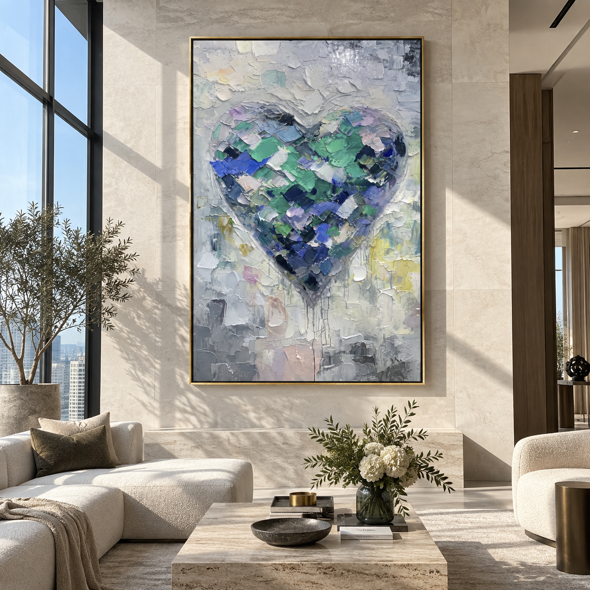 Mint Fragments Hold the Heart – teal textured heart painting, displayed above a bright living room sofa