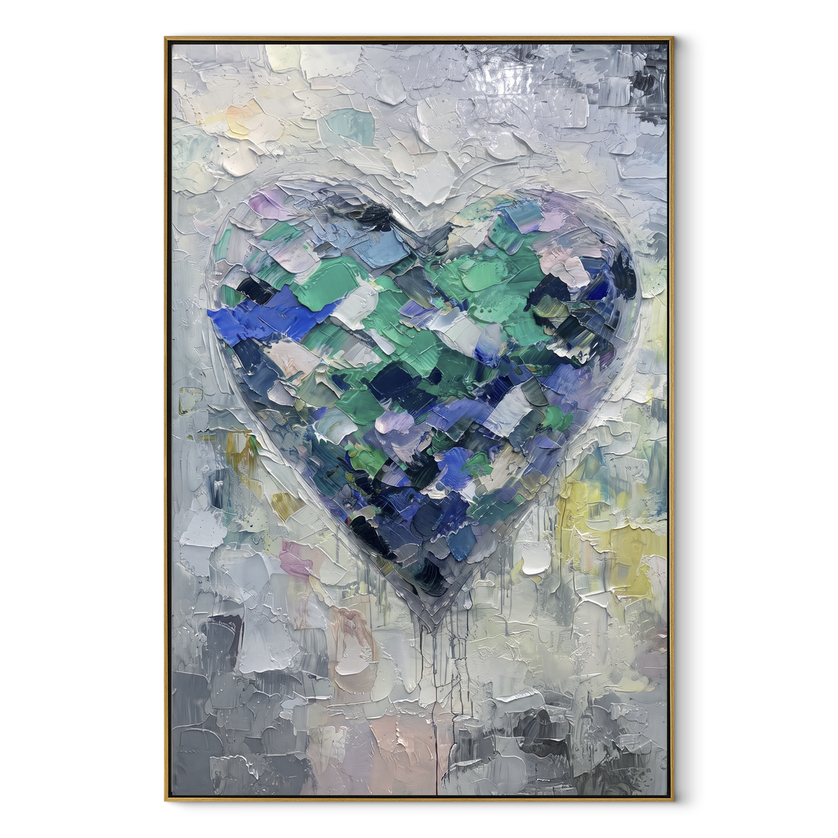 Mint Fragments Hold the Heart – teal textured heart painting, wood frame on white background