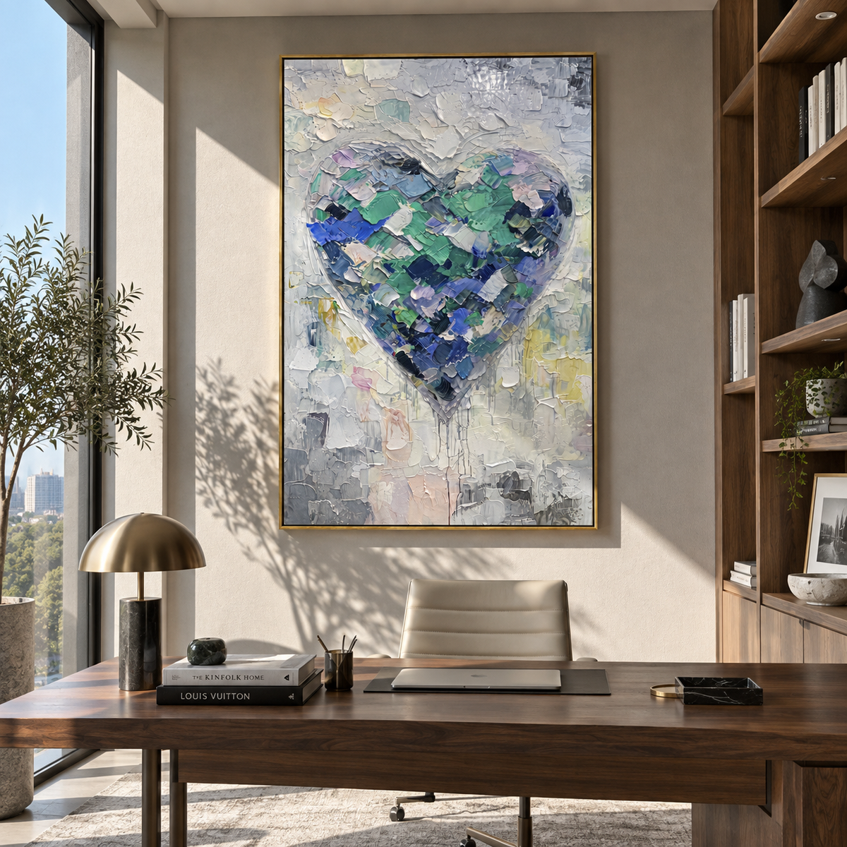 Mint Fragments Hold the Heart – teal textured heart painting, displayed in a contemporary lounge