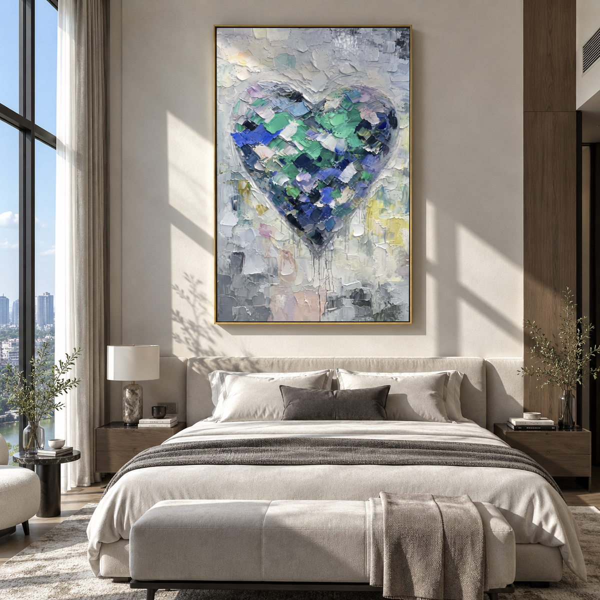 Mint Fragments Hold the Heart – teal textured heart painting, displayed beside a reading chair