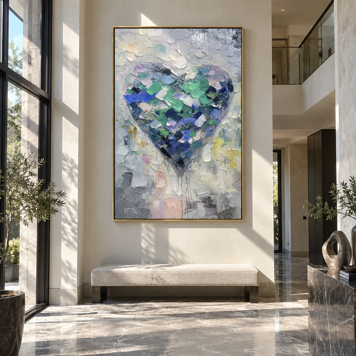 Mint Fragments Hold the Heart – teal textured heart painting, displayed above an entryway console