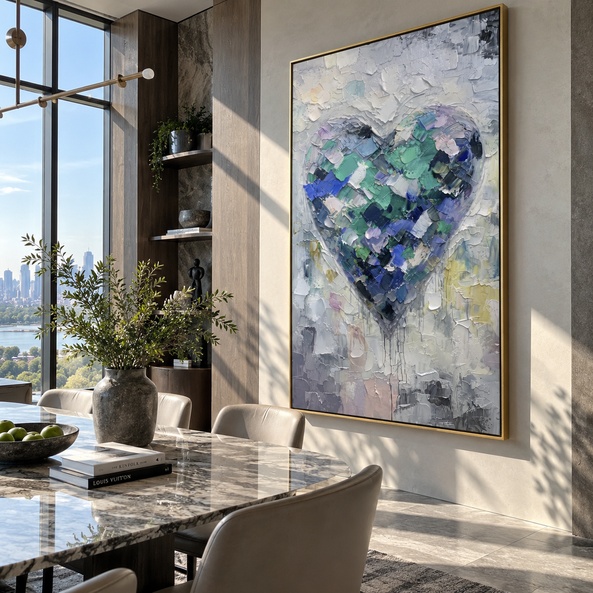 Mint Fragments Hold the Heart – teal textured heart painting, displayed in a sunlit sitting room