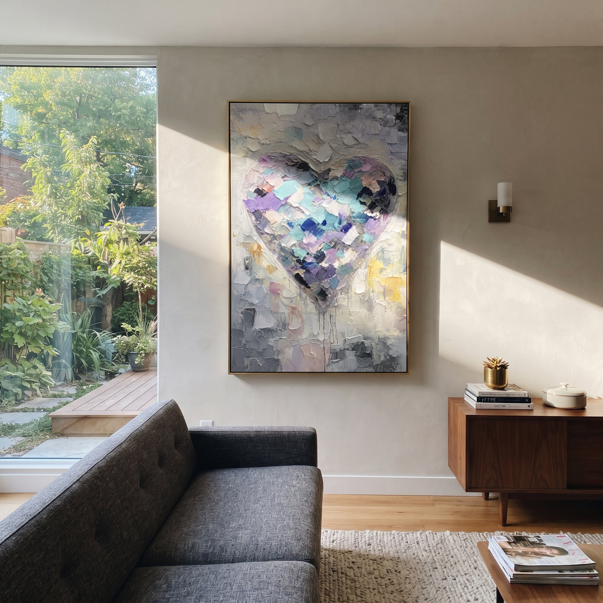 Lavender Heart Meets Pale Light – pastel textured heart painting, displayed in a minimalist living room