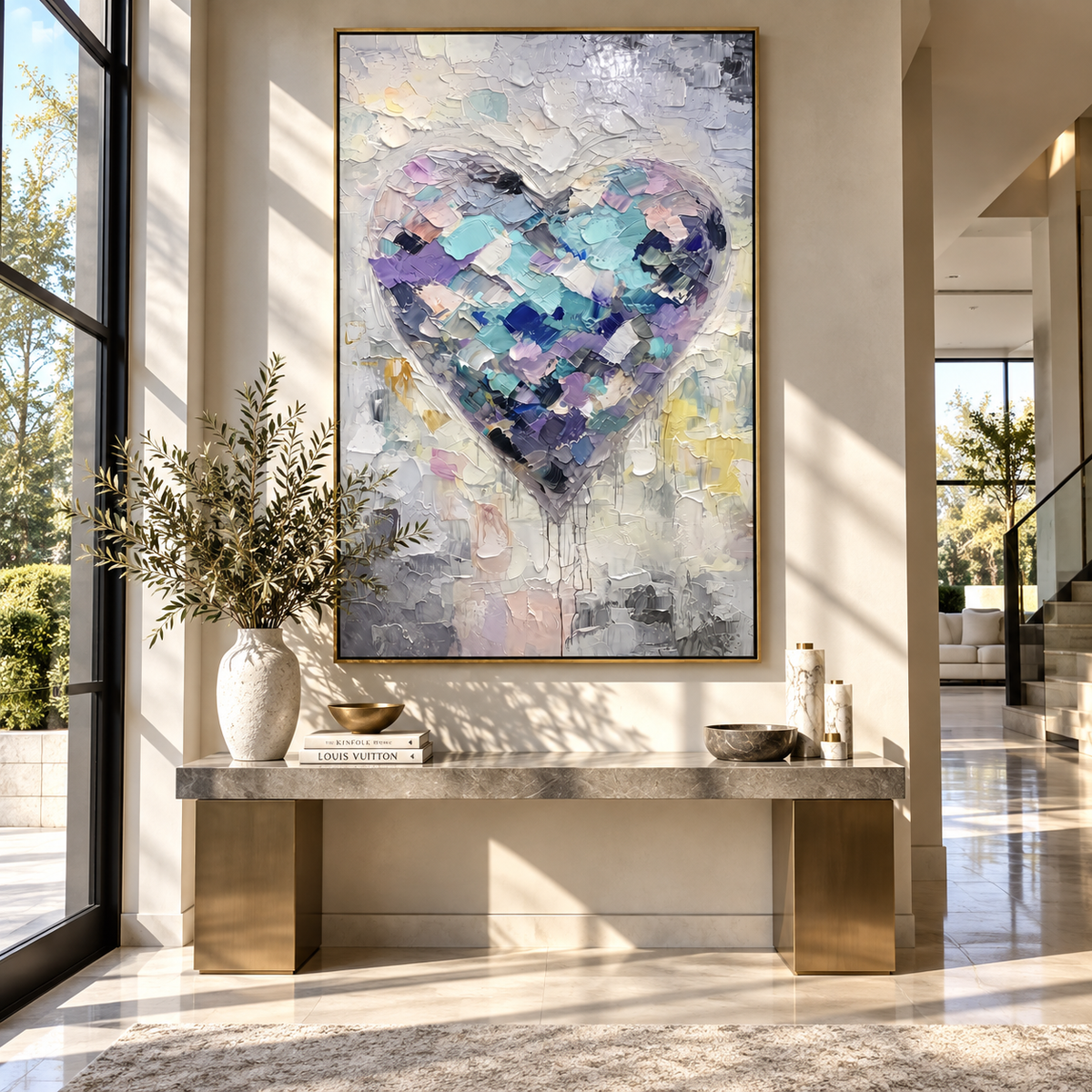 Lavender Heart Meets Pale Light – pastel textured heart painting, displayed in a bright contemporary lounge