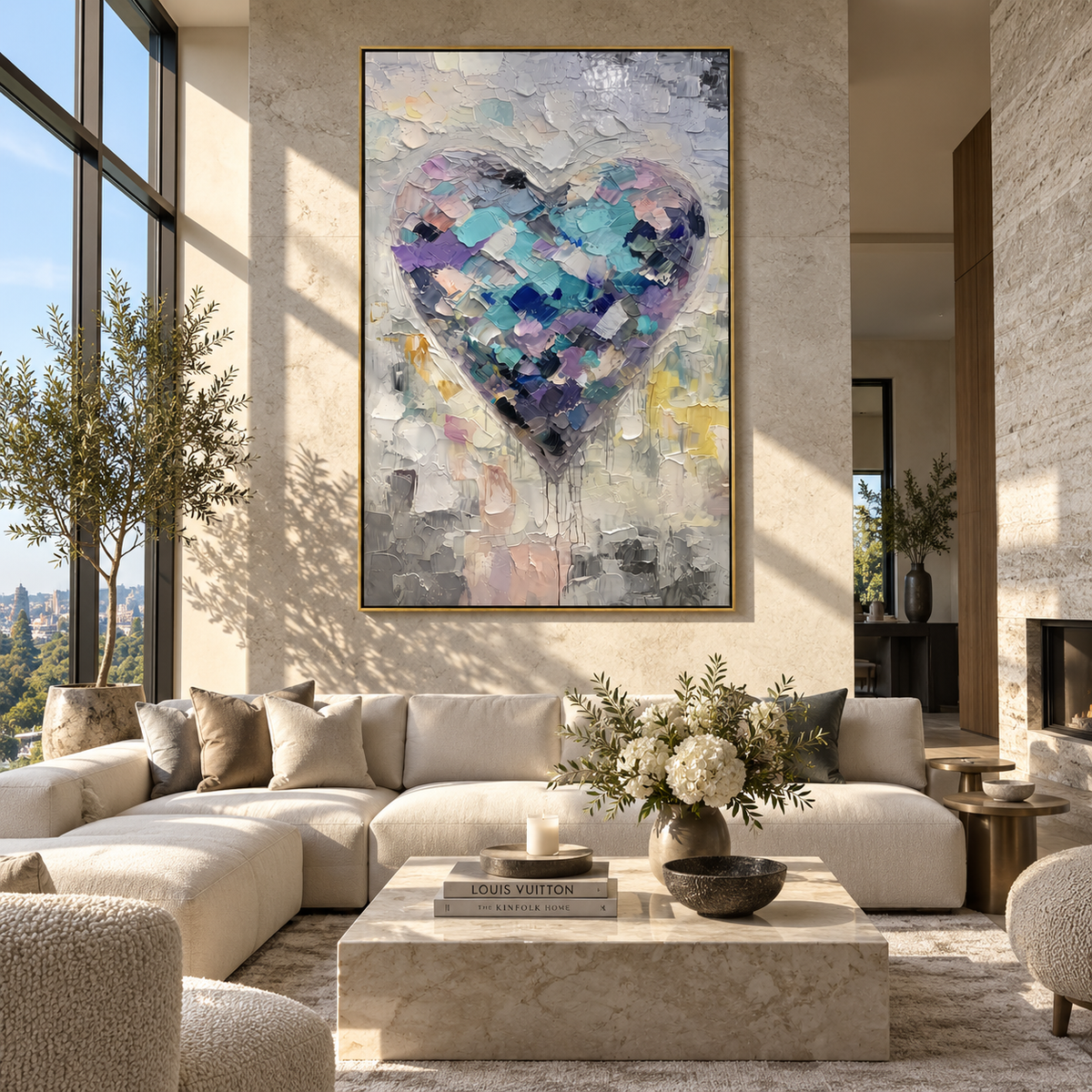 Lavender Heart Meets Pale Light – pastel textured heart painting, displayed above a neutral sofa