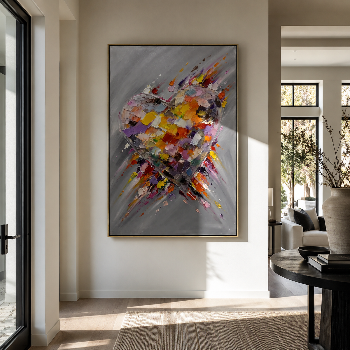 Ember Heart Breaks the Gray – orange red textured heart painting, displayed above a slim hallway console