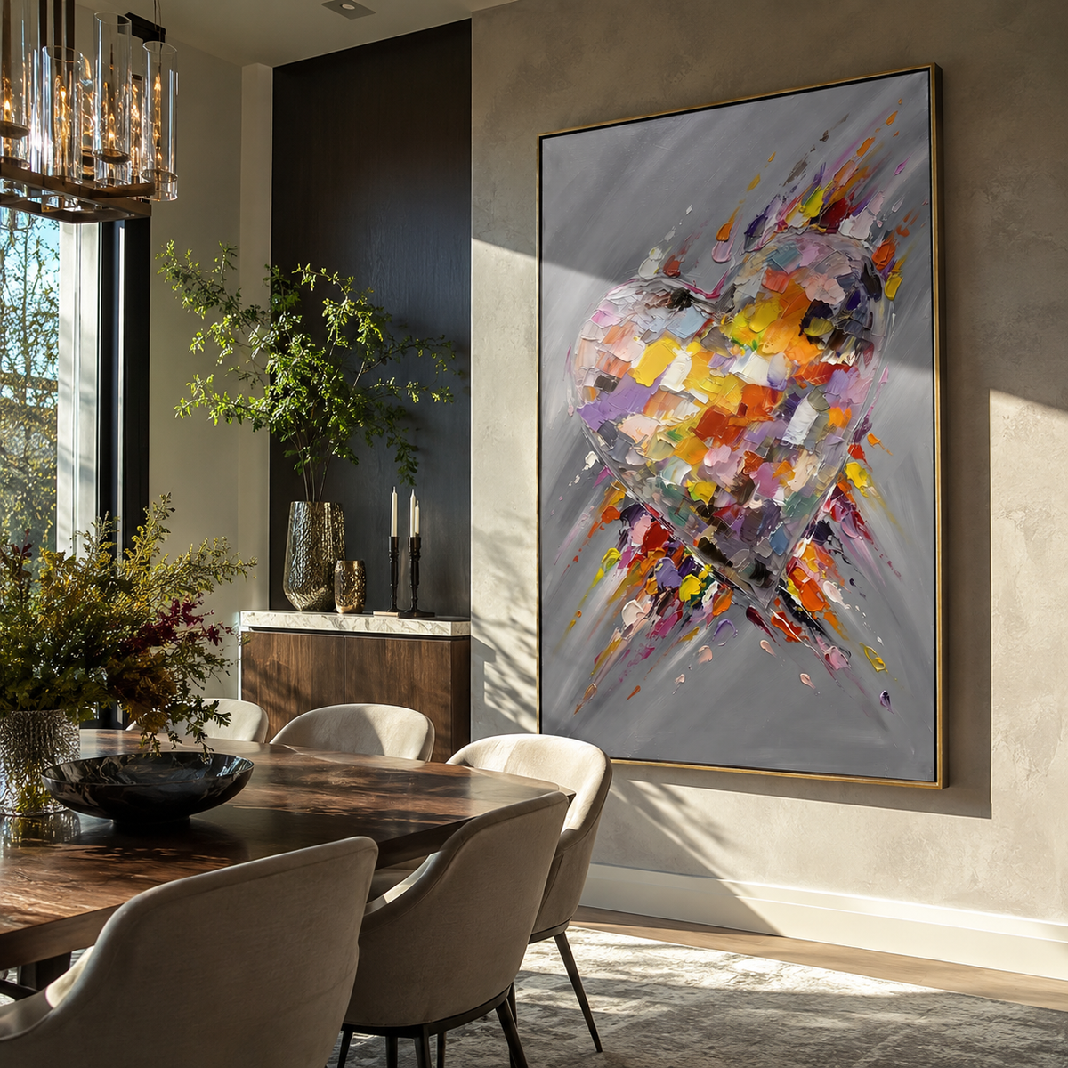 Ember Heart Breaks the Gray – orange red textured heart painting, displayed beside a modern dining area