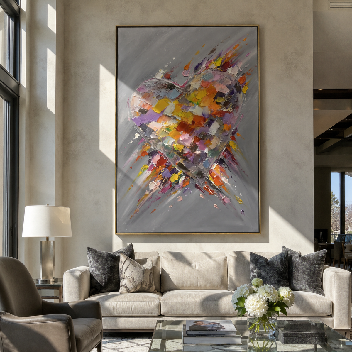 Ember Heart Breaks the Gray – orange red textured heart painting, displayed in a contemporary living room