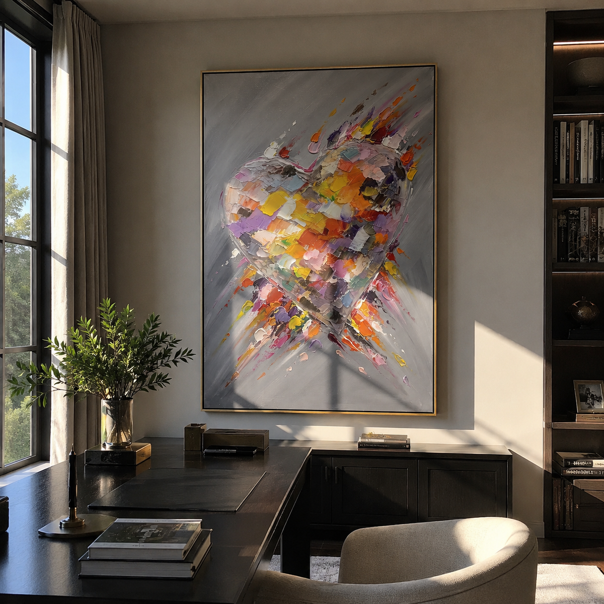Ember Heart Breaks the Gray – orange red textured heart painting, displayed above a dark lounge chair