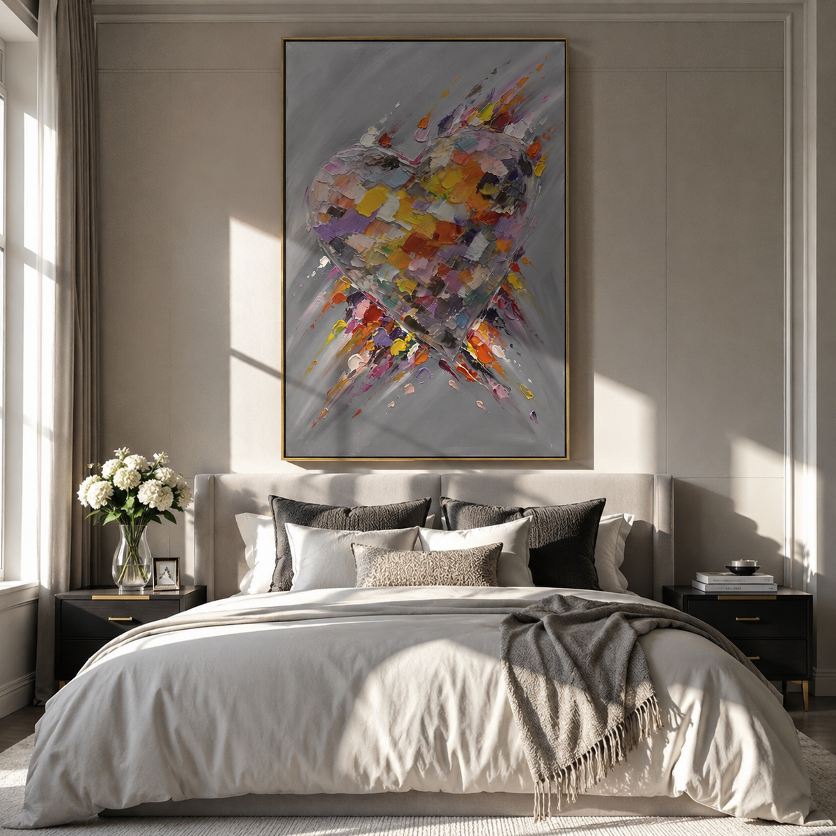 Ember Heart Breaks the Gray – orange red textured heart painting, displayed in a calm neutral bedroom