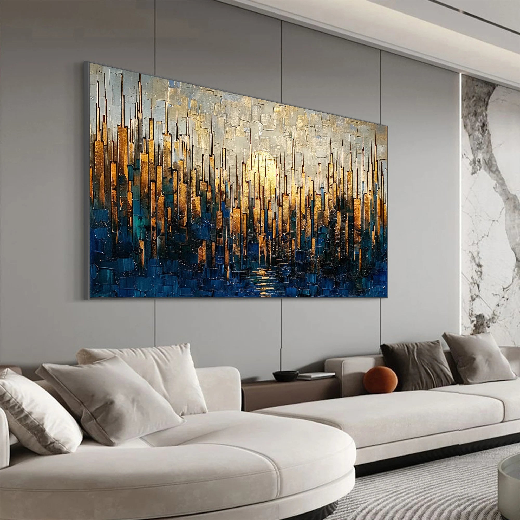 Glilded Horizon – Hand-Painted Blue and Gold Skyline Palette Knife Heavy Texture Oil Abstract Painting | Modern Abstract Living Room & Office Art