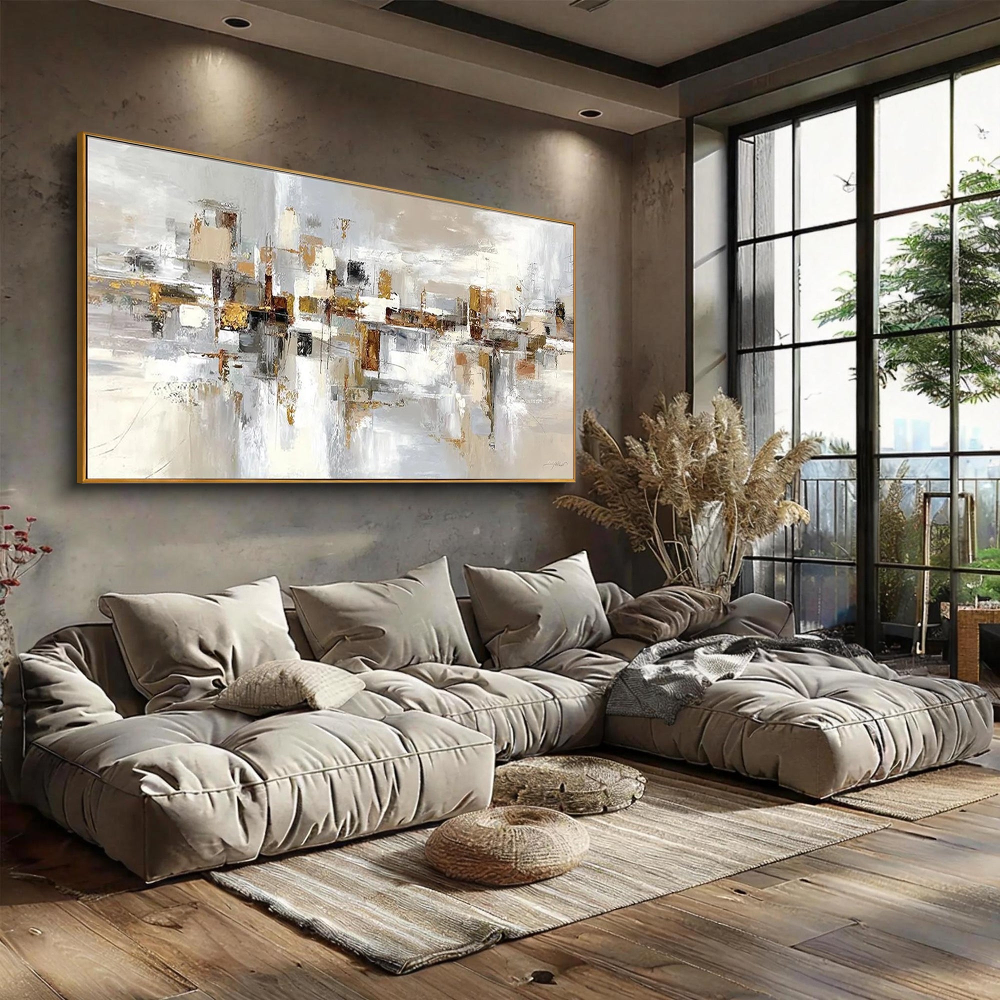 SHIFTED PLANES- Panoramic Neutral Tone Abstract Art | Heavy Texture Earthy Living Room Wall Painting