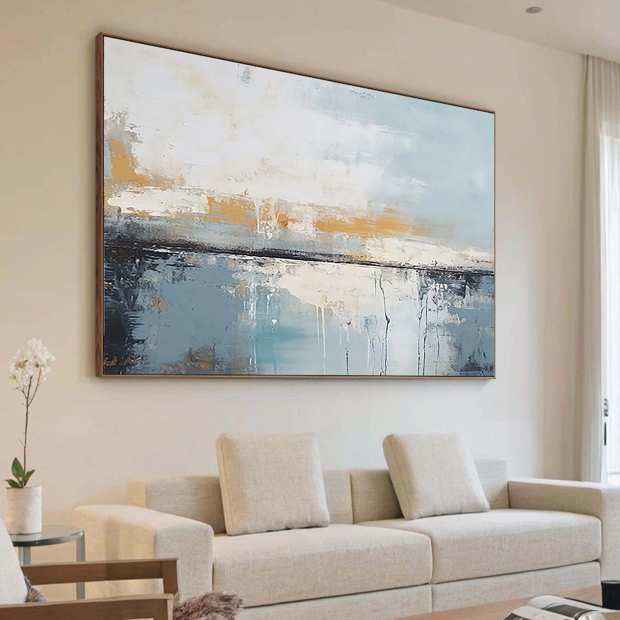 Ethereal Horizon – Modern Blue & Gold Palette Knife Relief Abstract Painting | Modern Abstract Living Room & Office Art
