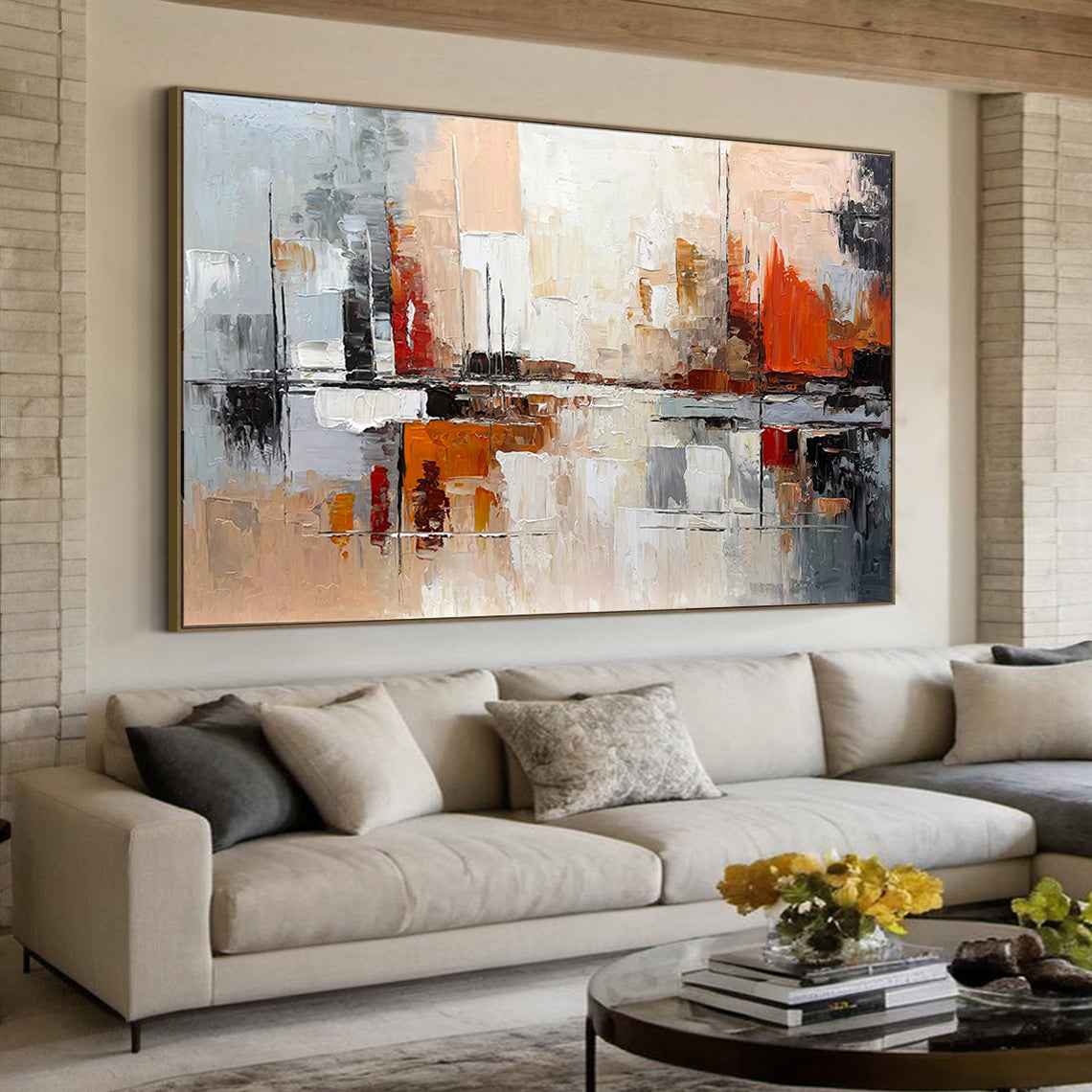 Urban Glow – Modern Orange & Grey Palette Knife Relief Abstract Painting | Modern Abstract Living Room & Office Art