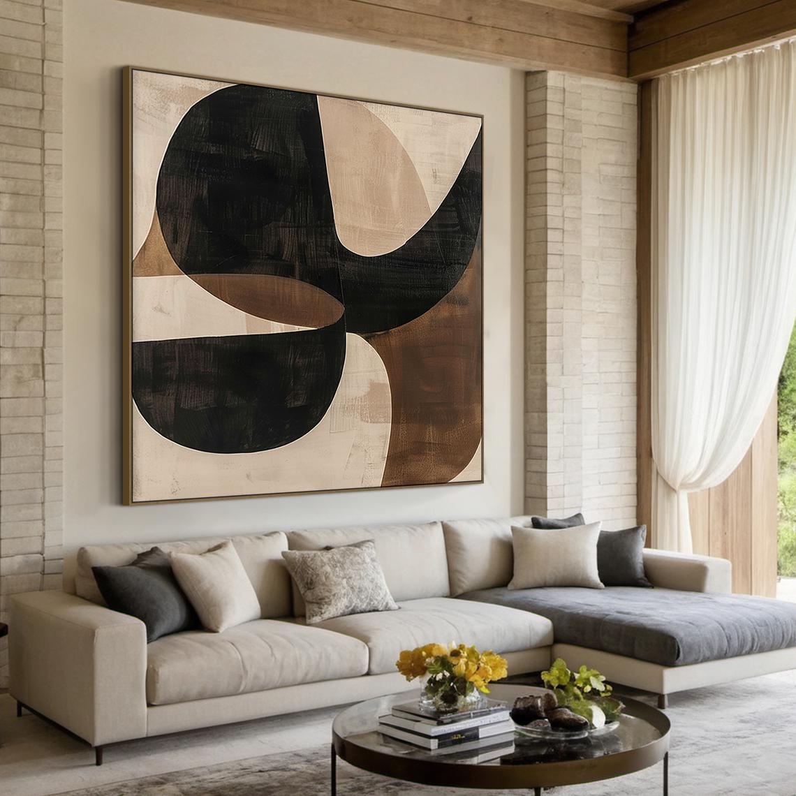 Mid-century Structure – Hand-Painted Black and Bronze Geometric Arches Abstract Painting | Modern Abstract Living Room & Office Art