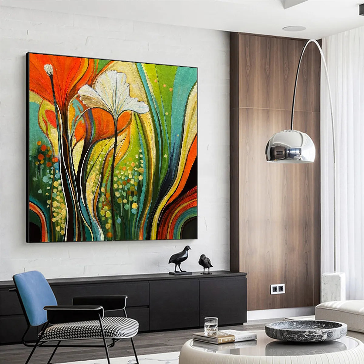 Vivid Rhythm – Hand-Painted Multicolored Floral Vines Abstract Painting | Vibrant Botanical Living Room & Dining Room Art