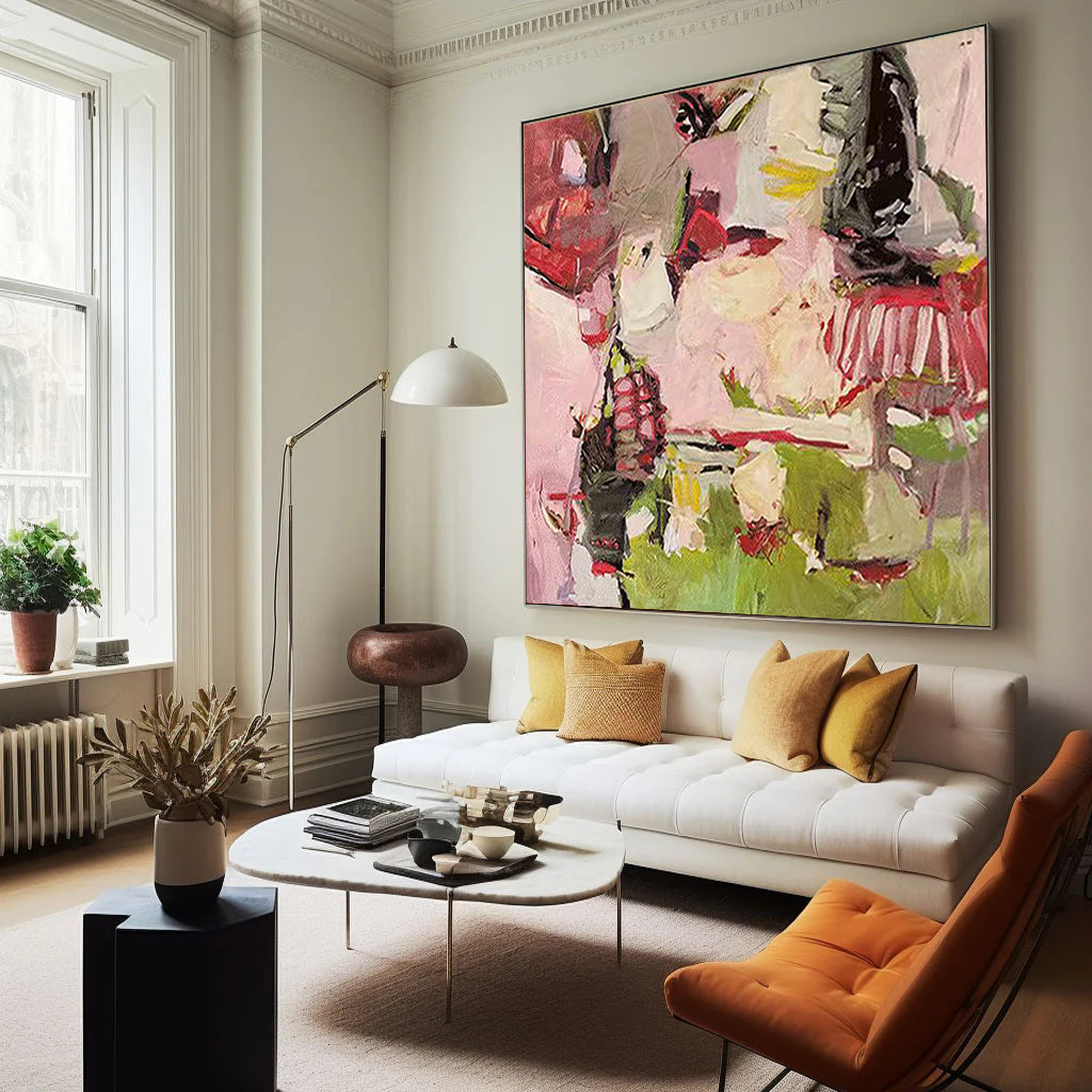 Midsummer Concerto – Modern Expressionist Pink & Green Abstract Painting | Mid-Century Vintage Hallway Art