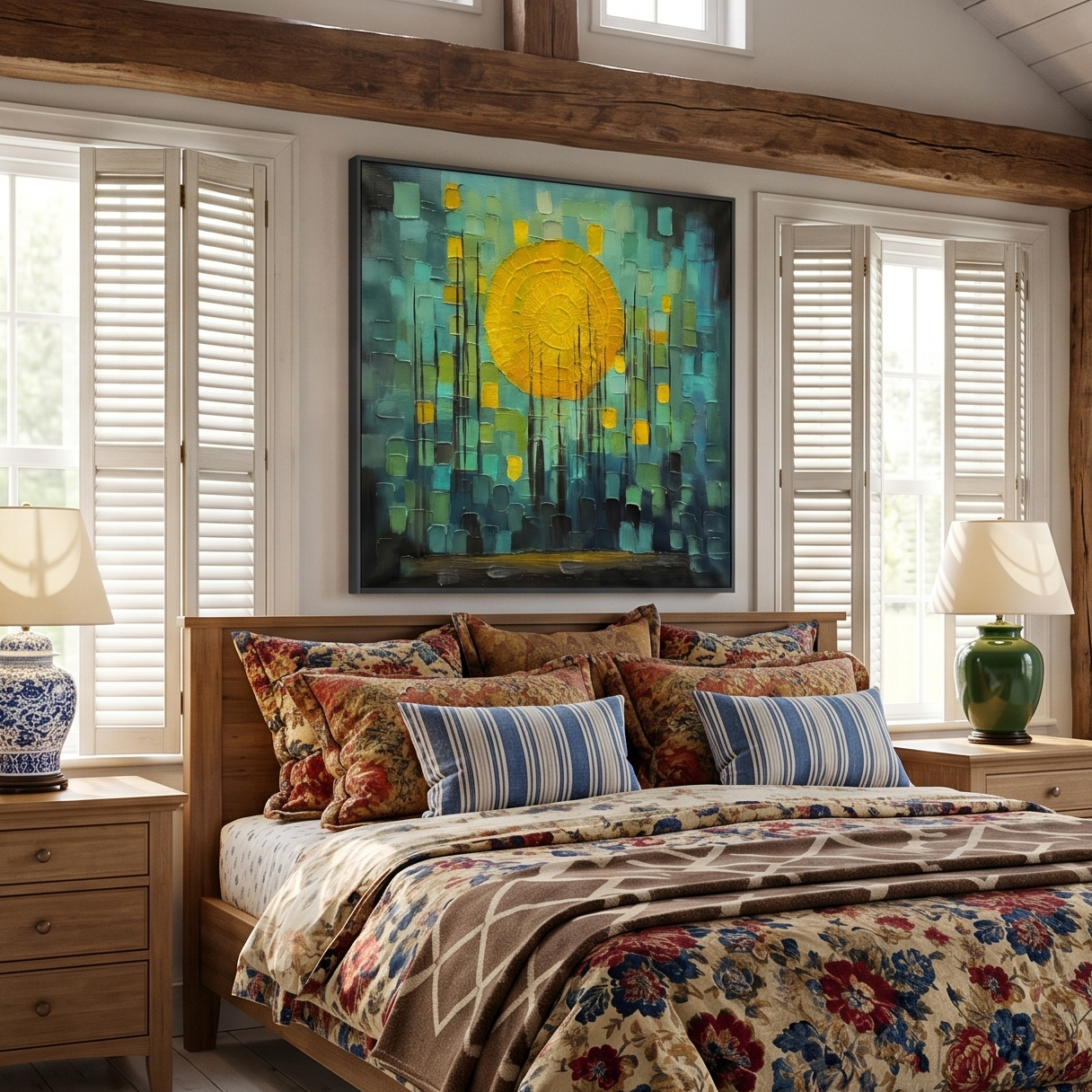 Dawn Illusion – Modern Abstract Teal and Yellow Impasto Sunrise | Healing Bedroom Wall Art