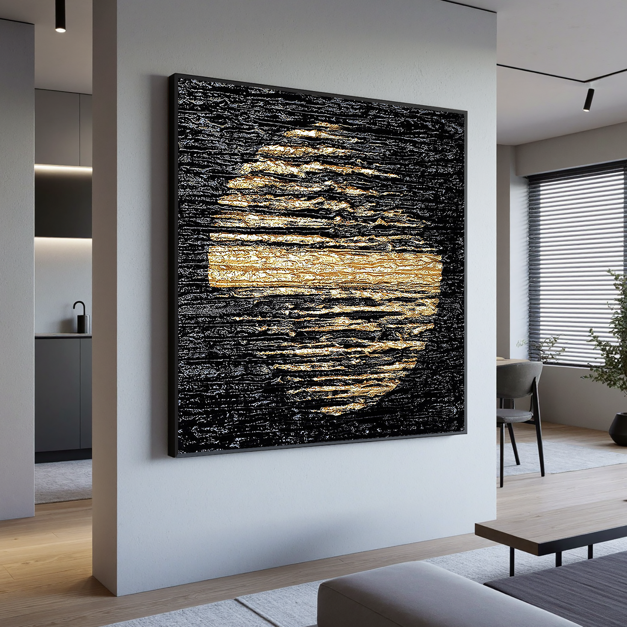 Lunar Glow – Modern Black and Gold Textured Painting | Abstract Luxury Dining Room Art