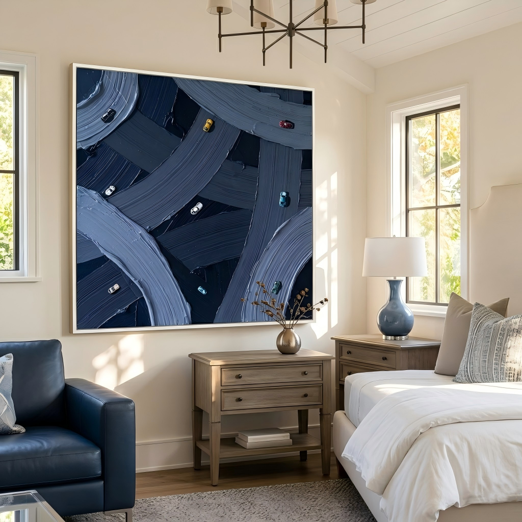 Urban Pulse – Impasto Highway Miniature Car Abstract Canvas | Modern Industrial Office Wall Art