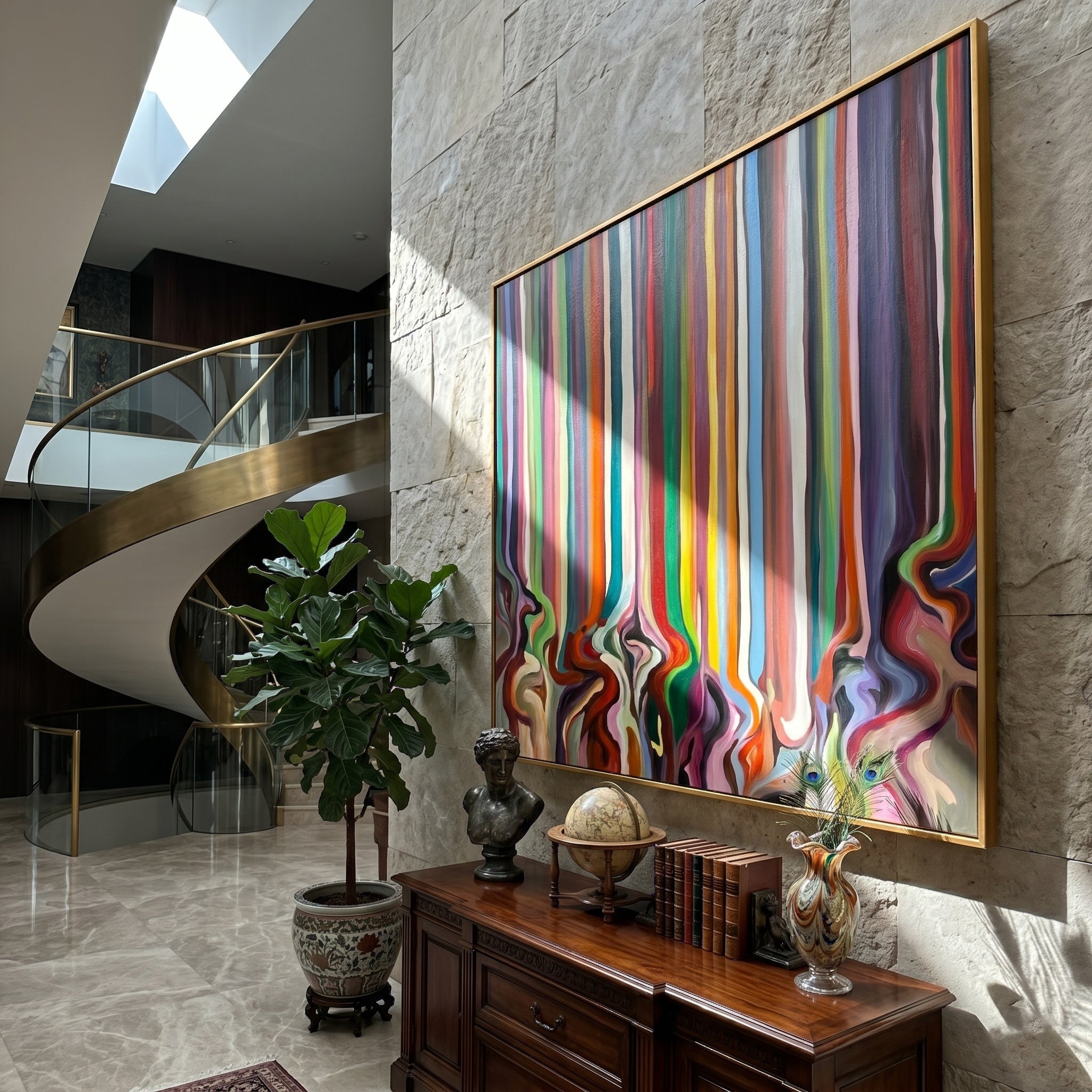 Chromatic Symphony – Modern Abstract Vertical Stripe Fluid Painting | High-End Canvas Living Room Art