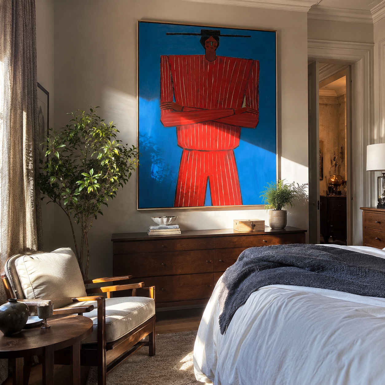 Blue Holds Crimson Still displayed in a warm contemporary interior