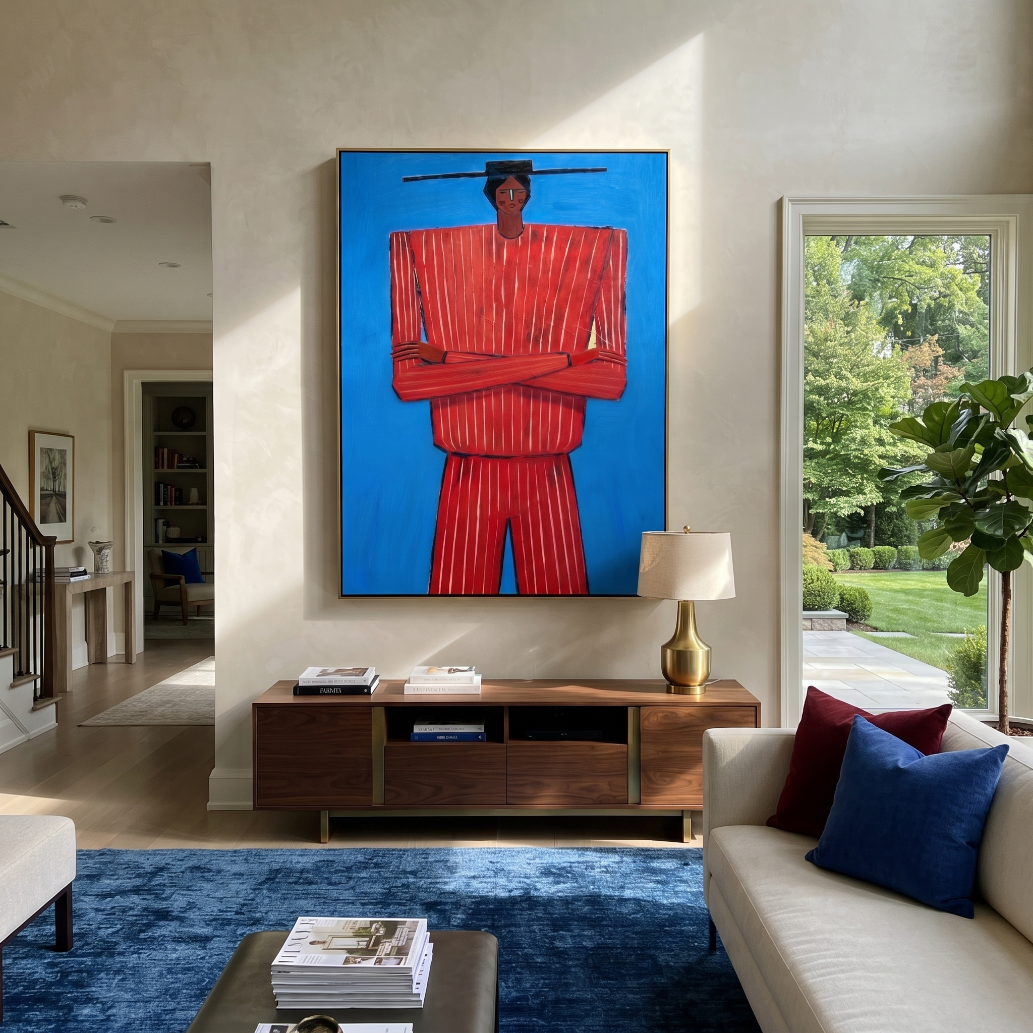 Blue Holds Crimson Still styled with neutral modern furnishings