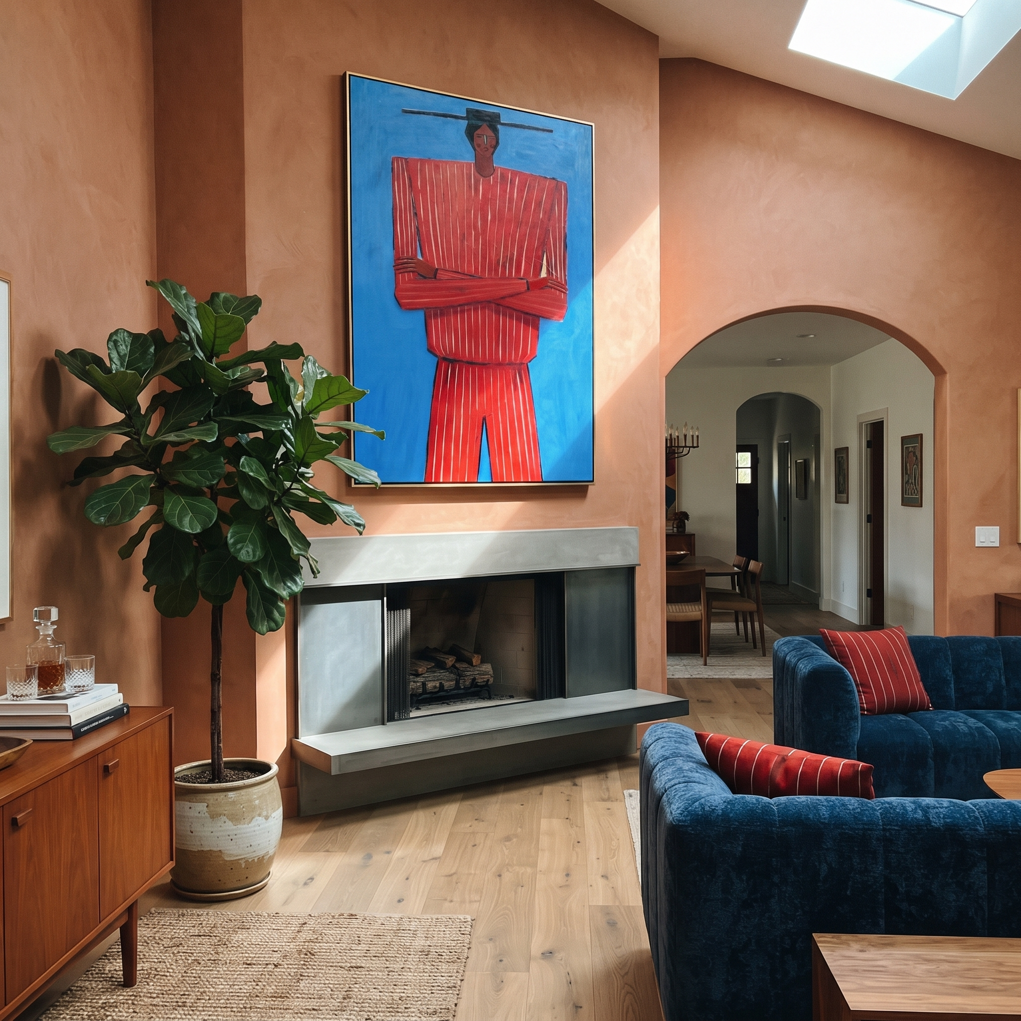 Blue Holds Crimson Still presented above a contemporary console