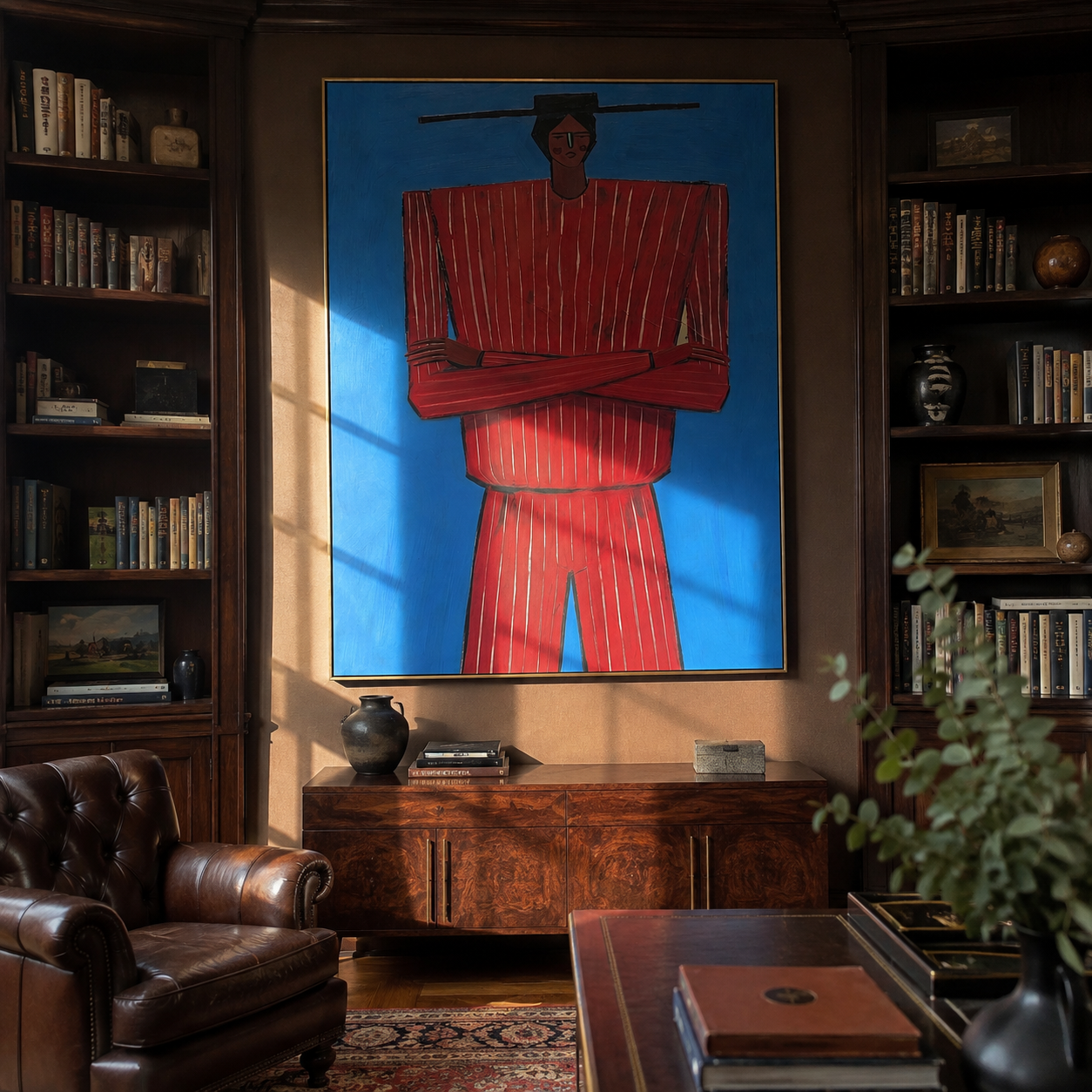 Blue Holds Crimson Still styled in a layered residential interior