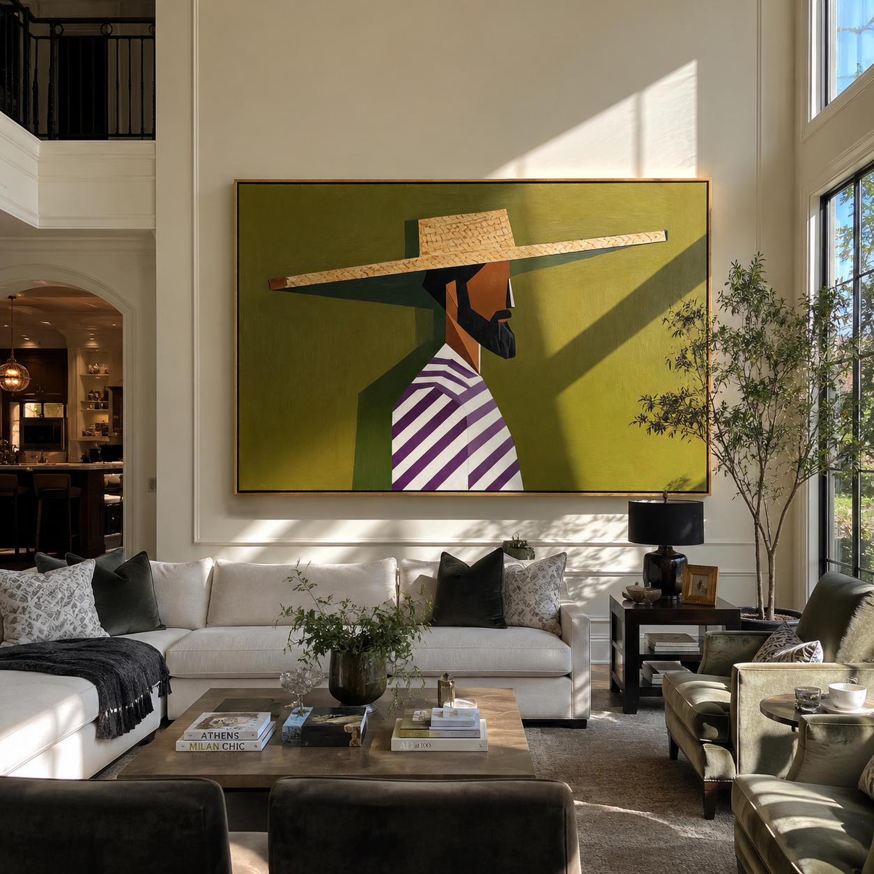Straw Brim Crosses Olive displayed in a warm contemporary interior