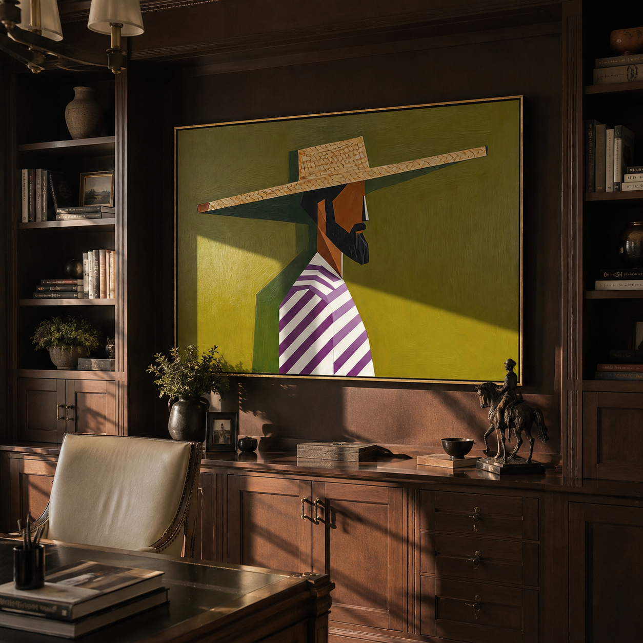 Straw Brim Crosses Olive presented above a contemporary console
