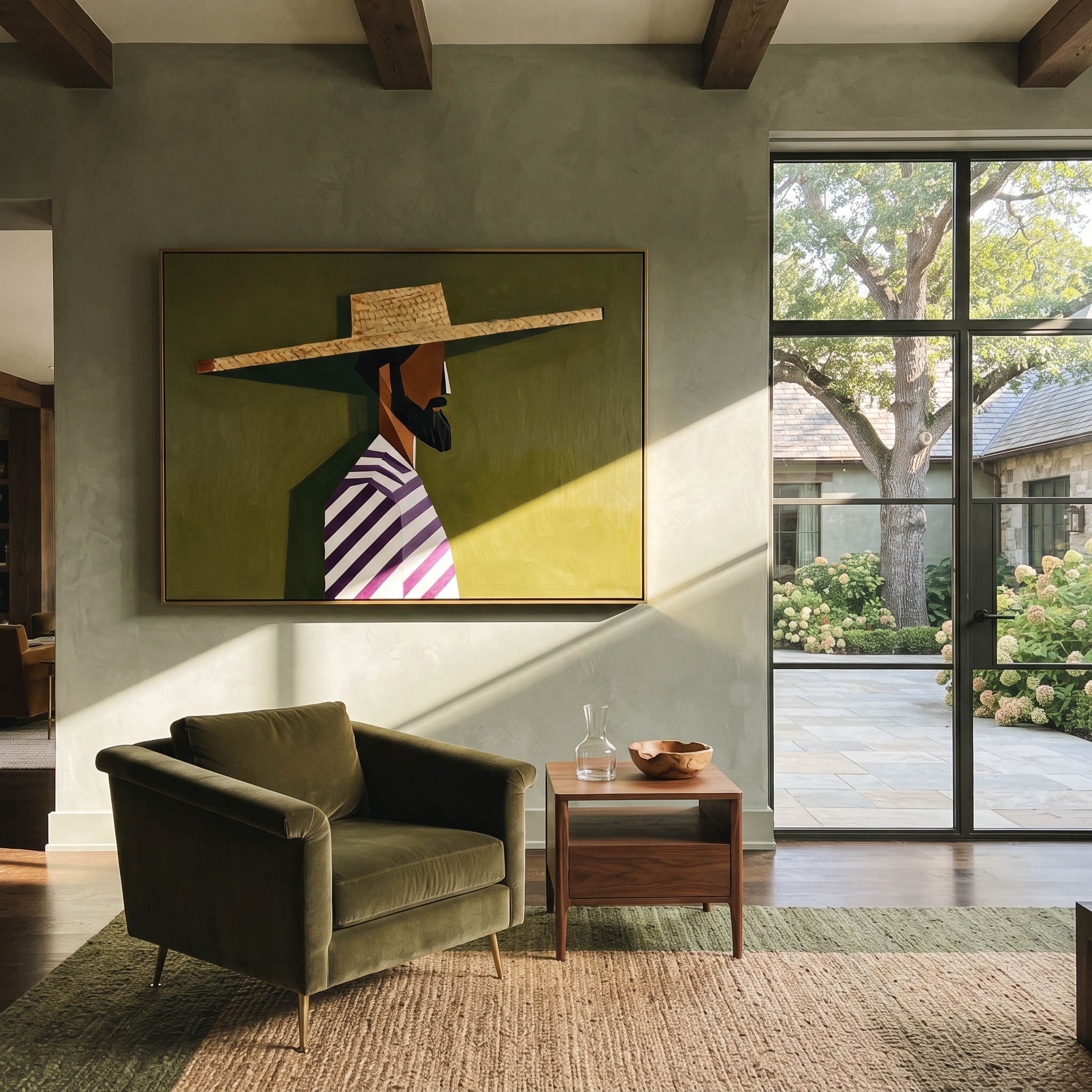 Straw Brim Crosses Olive styled in a layered residential interior