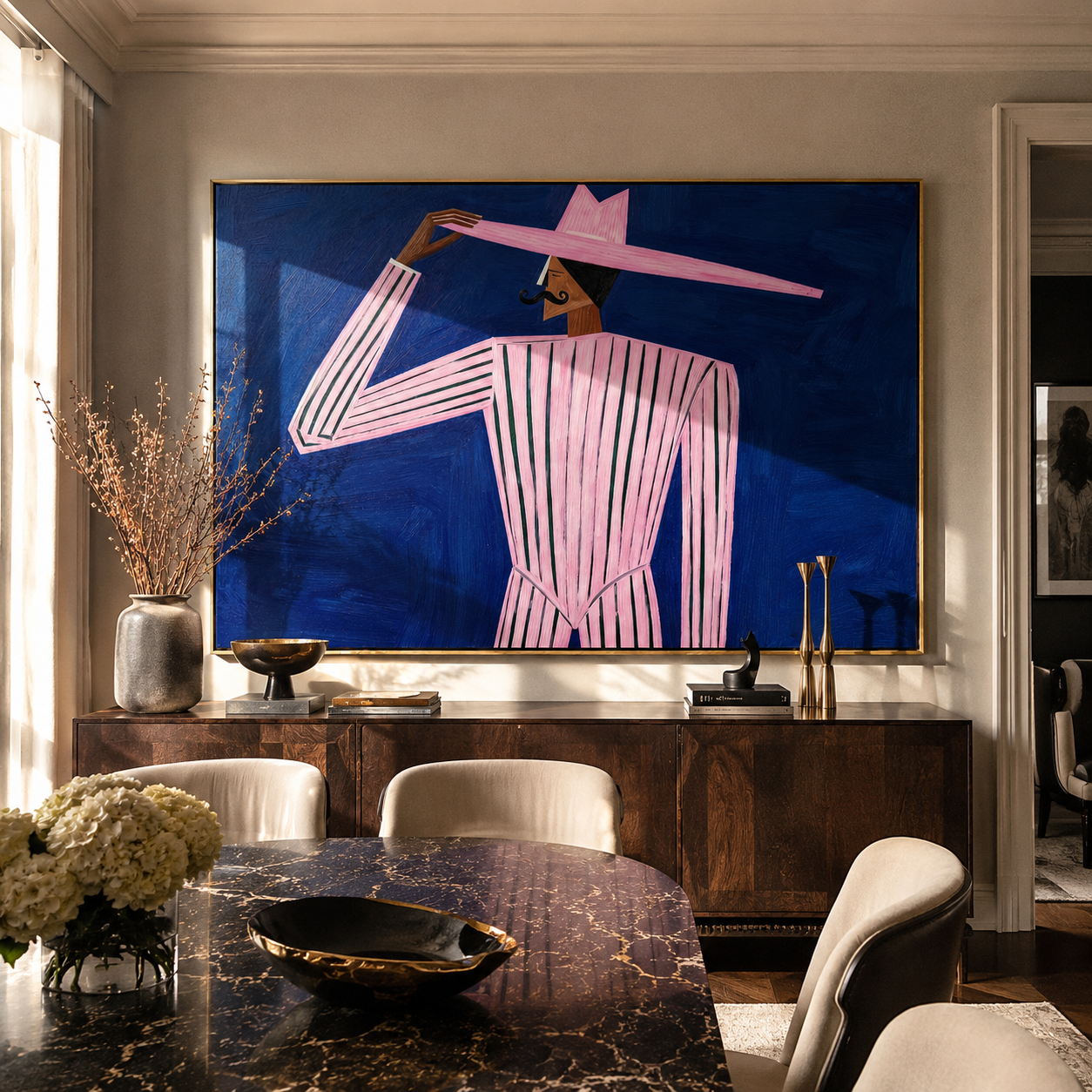 Pink Brim Meets Midnight styled with neutral modern furnishings
