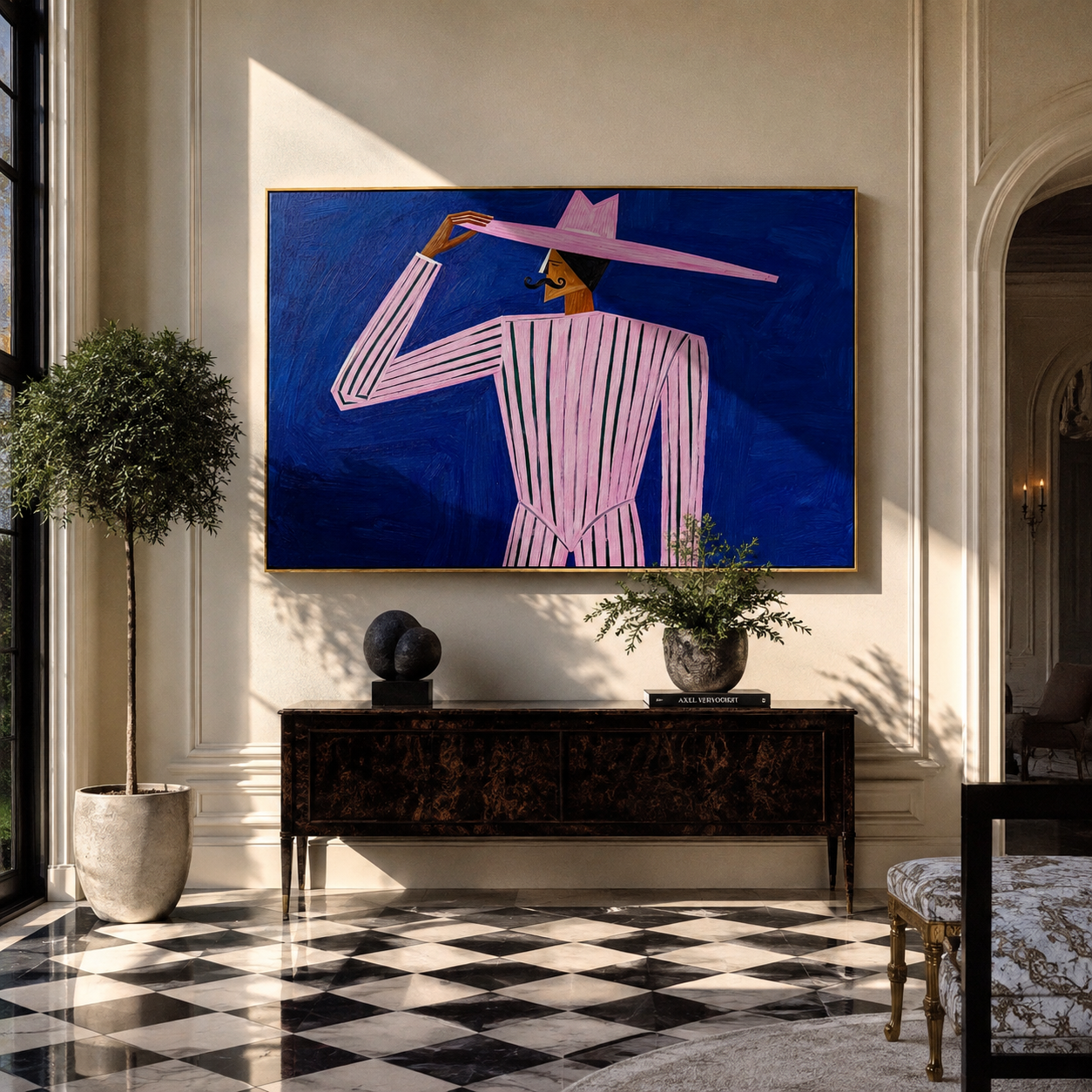 Pink Brim Meets Midnight presented above a contemporary console