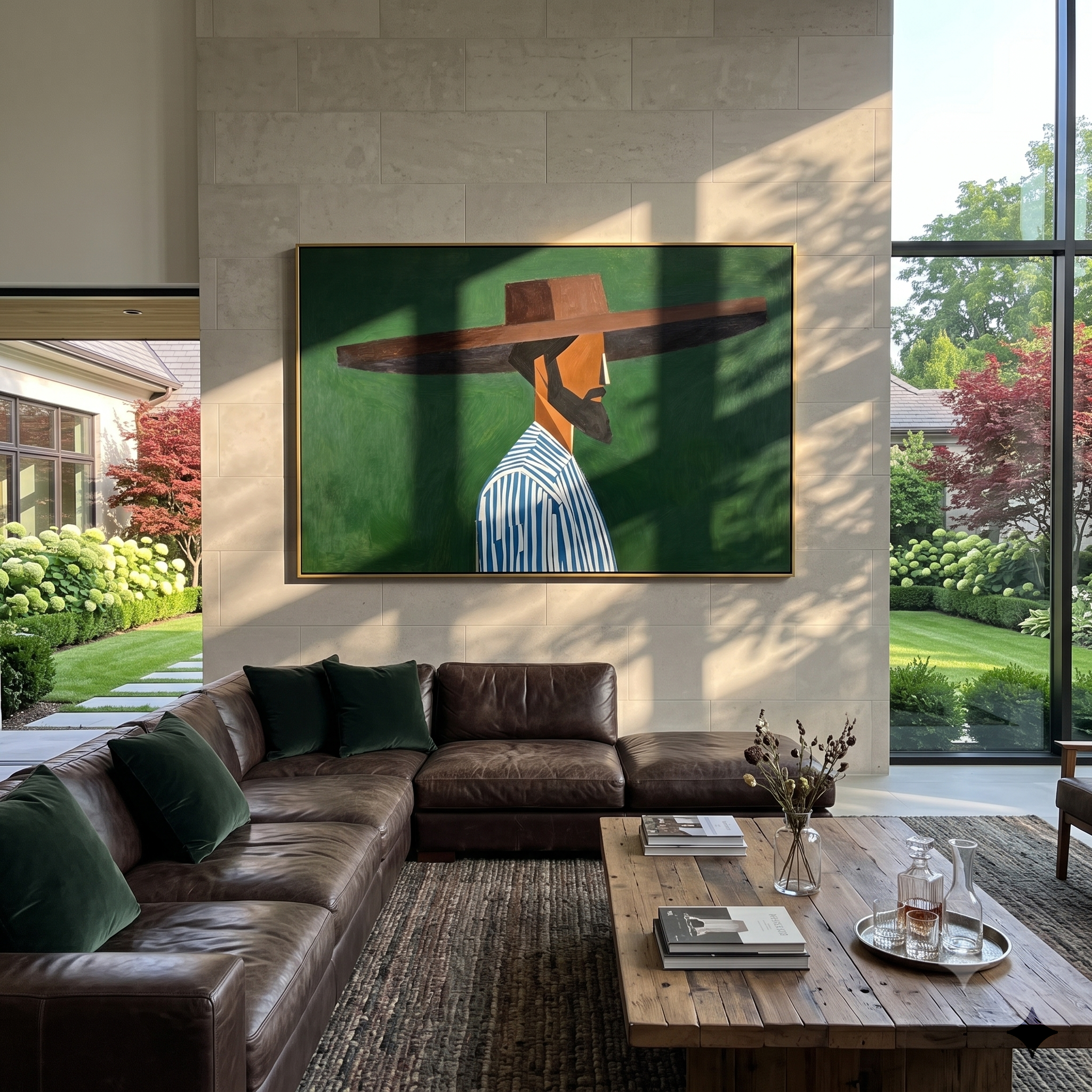 Green Silence Faces Sideways presented above a contemporary console