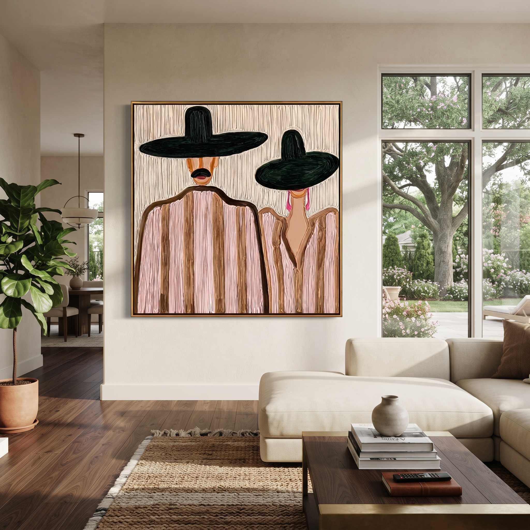 Two Brims Share Quiet presented above a contemporary console
